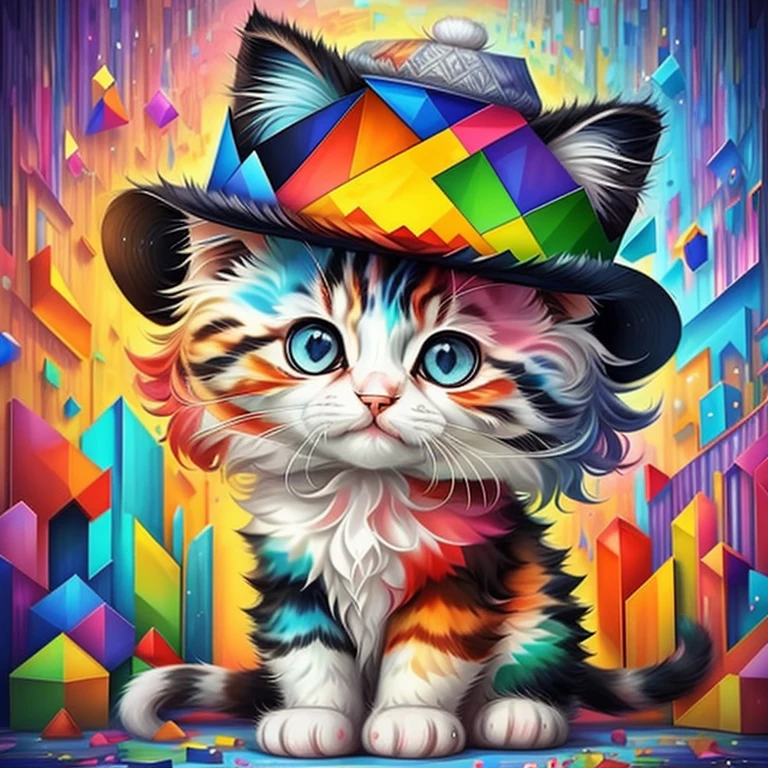 (cute kitten with a hat),(melhor pose),(best angle), (better expression), Eduardo Kobra acolchoamento ,multidimensional geometric wall PORTRAIT, arte, Chibi,
Yang08k, lindo, Colouring,
Primary works, qualidade superior, melhor qualidade, Arte Oficial, Beautiful and Aesthetic, pelos coloridos,