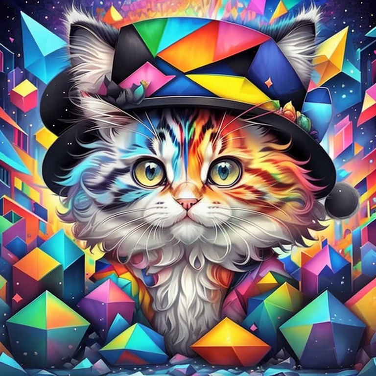 (cute kitten with a hat),(melhor pose),(best angle), (better expression), Eduardo Kobra acolchoamento ,multidimensional geometric wall PORTRAIT, arte, Chibi,
Yang08k, lindo, Colouring,
Primary works, qualidade superior, melhor qualidade, Arte Oficial, Beautiful and Aesthetic, pelos coloridos,
