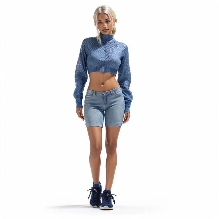 solo full shot of a very attractive ((brown skin young woman ))she is beautiful and petite wearing a fashionova blue outfit ((lifelike skin texture)) ((very detailed image )) she has a petite figure ((stunning eyes and a sharp nose)) a perfect ((blonde white hair))UHD, a Masterpiece,Realistic textures,(( hyper-realistic)), 8k, photorealistic, XT3 grain,Fujifilm((ines c dos santos)) standing in a (( professional lighting ))studio (sexy trending outfit ))  blue top shorts a baddie look with jordans