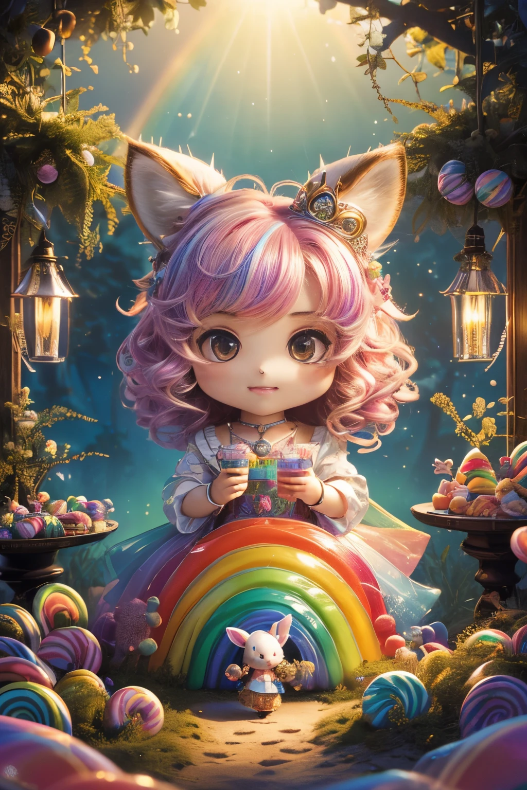 best quality,4k,8k,highres,masterpiece:1.2),ultra-detailed,(realistic,cute (chibi) princess in rainbow candy shop, highly detailed high contrast hd masterpiece of best quality in high resolutionphotorealistic,photo-realistic:1.37),Enchanted forest, illuminated by the soft moonlight,playful foxes,graceful fawns,adorable cubs,wise owls,cute bunnies,prickly hedgehogs gather under the celestial beauty,portraits,landscape,photography,vivid colors,warm tones,soft lighting,peaceful ambiance