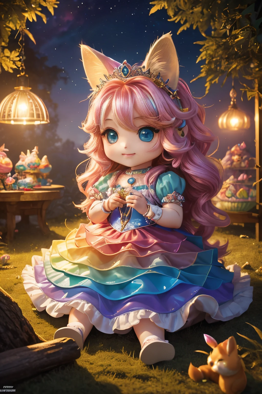 best quality,4k,8k,highres,masterpiece:1.2),ultra-detailed,(realistic,cute (chibi) princess in rainbow candy shop, highly detailed high contrast hd masterpiece of best quality in high resolutionphotorealistic,photo-realistic:1.37),Enchanted forest, illuminated by the soft moonlight,playful foxes,graceful fawns,adorable cubs,wise owls,cute bunnies,prickly hedgehogs gather under the celestial beauty,portraits,landscape,photography,vivid colors,warm tones,soft lighting,peaceful ambiance