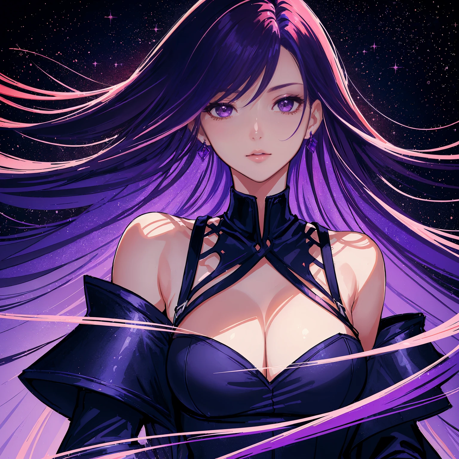 ((tmasterpiece, beste-Qualit)), High, pretty young 1woman, open shoulders, long purple hair, beautiful dark purple dress with red undertones, black belt with garters, body and face close up, drawn eyes and hands, , In the background is the night city, Girl close-up, without glasses and with the right beautiful fingers