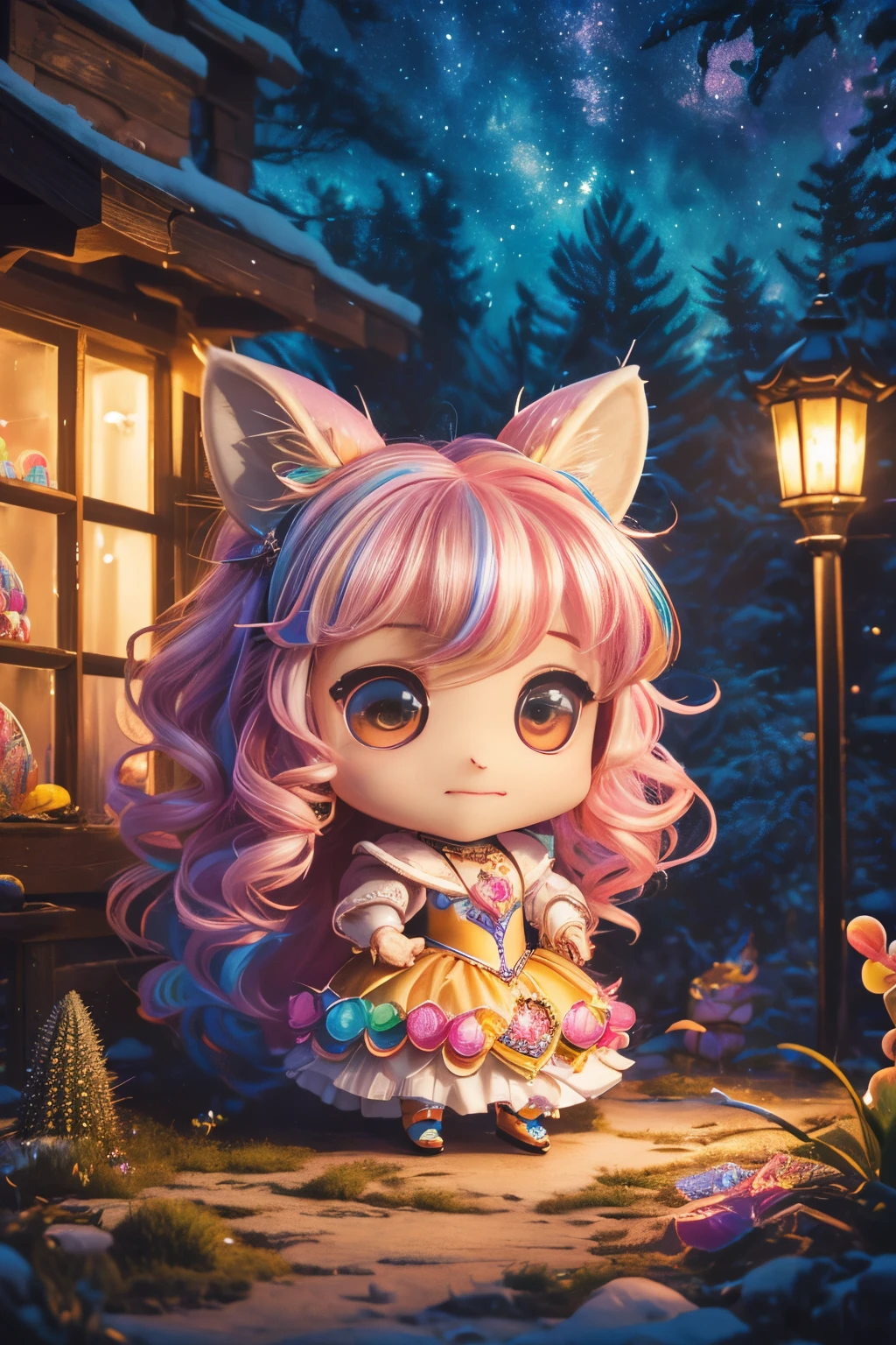 best quality,4k,8k,highres,masterpiece:1.2),ultra-detailed,(realistic,cute (chibi) princess in rainbow candy shop, highly detailed high contrast hd masterpiece of best quality in high resolutionphotorealistic,photo-realistic:1.37),Enchanted forest, illuminated by the soft moonlight,playful foxes,graceful fawns,adorable cubs,wise owls,cute bunnies,prickly hedgehogs gather under the celestial beauty,portraits,landscape,photography,vivid colors,warm tones,soft lighting,peaceful ambiance