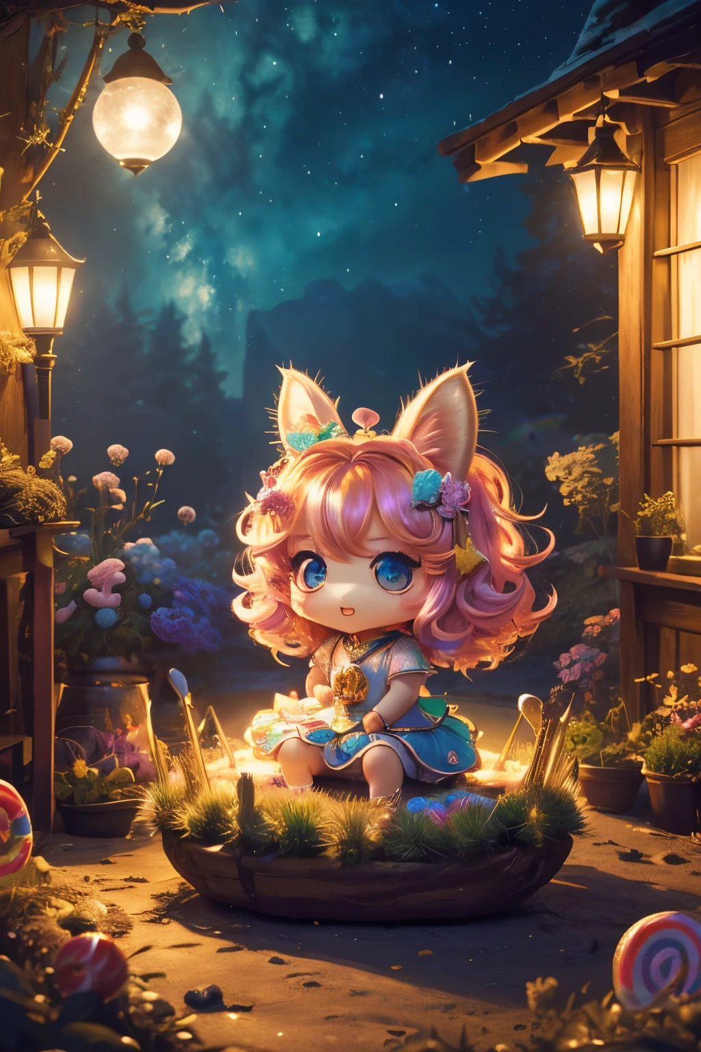 best quality,4k,8k,highres,masterpiece:1.2),ultra-detailed,(realistic,cute (chibi) princess in rainbow candy shop, highly detailed high contrast hd masterpiece of best quality in high resolutionphotorealistic,photo-realistic:1.37),Enchanted forest, illuminated by the soft moonlight,playful foxes,graceful fawns,adorable cubs,wise owls,cute bunnies,prickly hedgehogs gather under the celestial beauty,portraits,landscape,photography,vivid colors,warm tones,soft lighting,peaceful ambiance