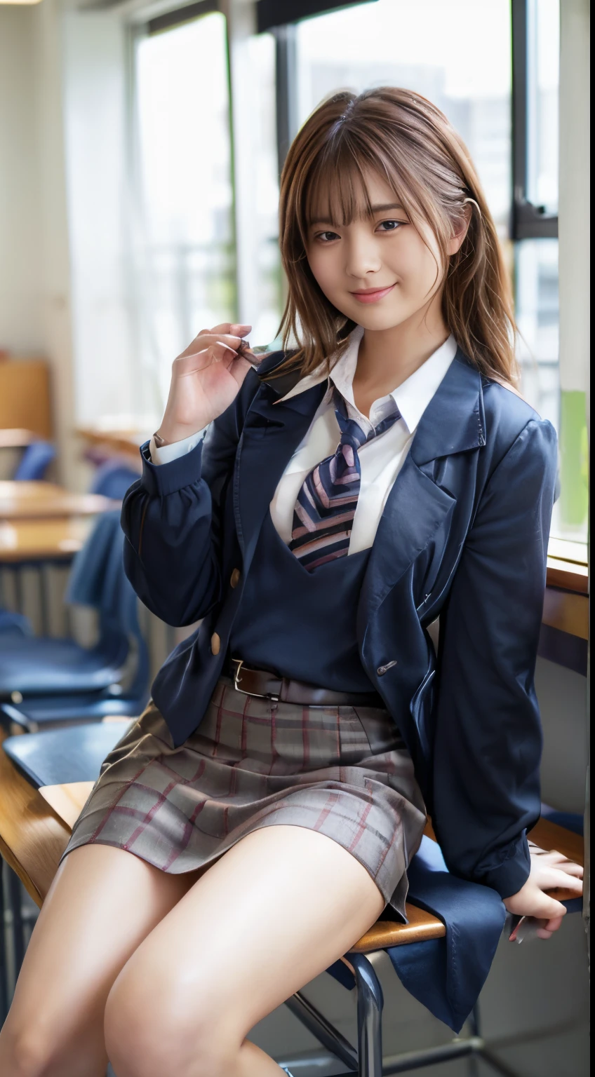 top-quality,ultra - detailed,tmasterpiece,hentail realism,Photorare,Bright lighting,1 girl in, an extremely beautiful 17-year-old girl, (kawaii:1.6),Thin smile, (Brown eyes),(dark brown hair),(By bangs),perfect glossy shiny skins,flawless skin,((erotick,Sexy and sexually explicit)),((Exact pointers，No discomfort)), large full breasts,big breasts thin waist, looking at viewert,((Blazer Uniform)),((Long sleeve uniform white shirt)),(Navy blue tie),(Navy blue miniskirt、No slit),(((Skirt lift with their own hands))),(lifted by self),(She shows her panties.),black panties with lace,Panty Focus,(Sit up,Spread your legs apart)), sockes, (Black socks),(Loafer shoes), In the daytime,Schools、‎Classroom、Desks are lined up in the classroom,School Chairs、