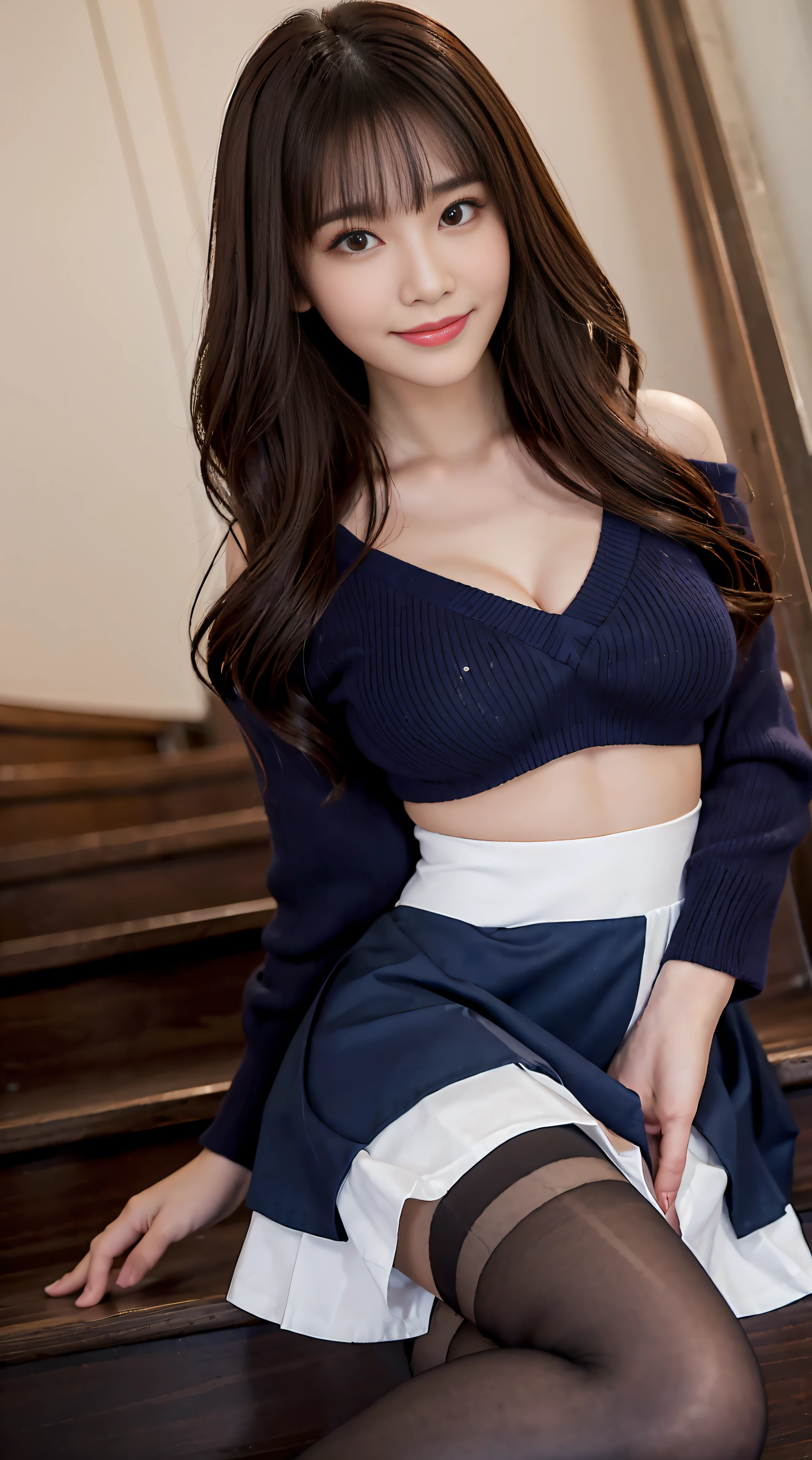 top-quality、Top image quality、​masterpiece、fully body photo、25 years old women, governess、Dark brown wavy middle hair、bangss、((dark blue long sleeve knit、Beige flared skirt、Stockings))、 ((no-bra、Puffy nipple、Visible))、Sexy red panties、soft boob、Large breasts、high-heels、 cute smile face、Sit on the stairs with your legs open、((I can see all my panties、Rub your chest with both hands、Touching the crotch))