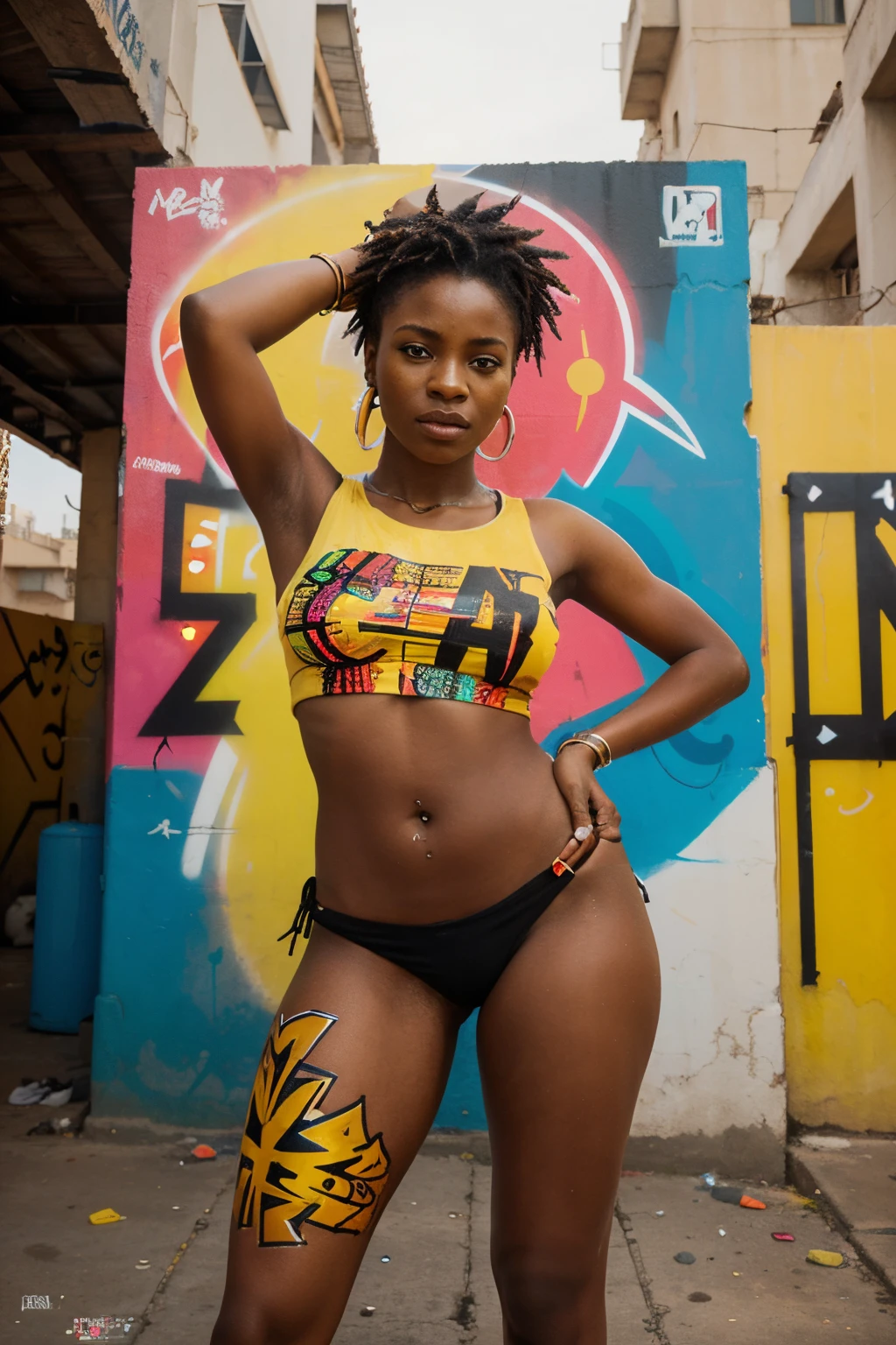 A vibrant artwork portraying an empowered African woman in a contemporary setting, surrounded by expressive graffiti, dynamic city streets, and a mix of cultural symbols, Artwork, mixed media combining acrylics and digital elements to convey the energy of urban life and cultural pride, --ar 16:9 --v 5