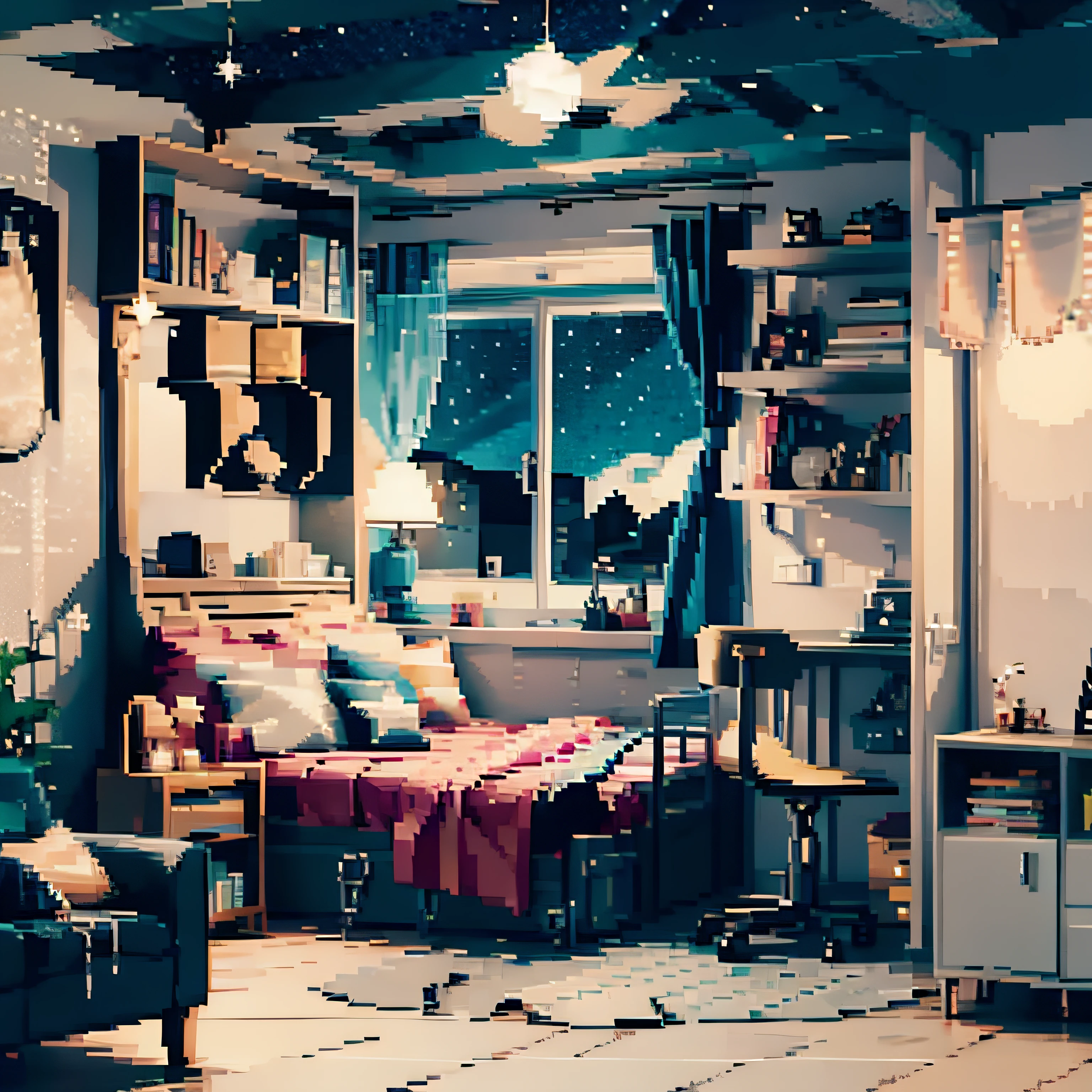 PixelArt, a teenager room with lots of decoration, pictures and books, open window for a night view in a starry sky, no character in the room, visible door