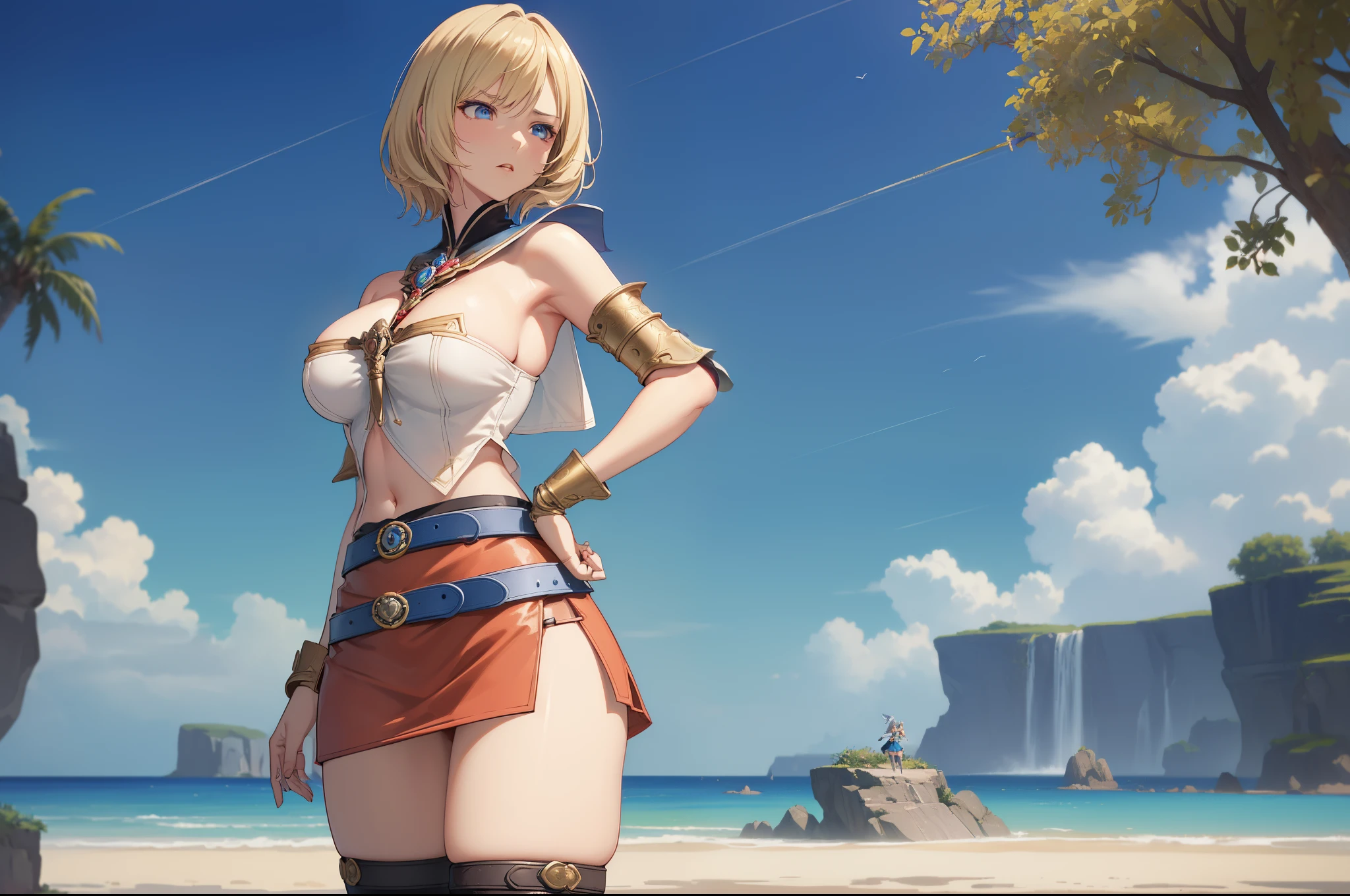cowboy shot,(the golden ratio,masutepiece, of the highest quality, Best Quality, Official art, Beautiful and aesthetic:1.2), ighly detailed, Colorful,highest details,Illustrations, fantastical scenes, (Adults,age19,1girl in, Solo, Final Fantasy 12,Ashelia, shorth hair, short-hair,Ashelia Costume, Colossal tits, a miniskirt,knee sox, thighs thighs thighs thighs, jewely, Blue belt,Number on one of the belts),Line of action, scornful look , Hands on hips