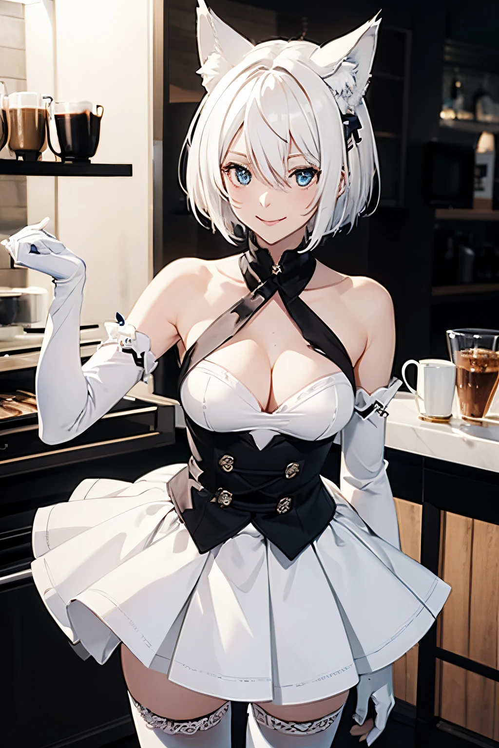 masutepiece high-level image quality Top image quality 8K adult lady(Soio) White Long Gloves((blanche)(Long gloves)) white stockings(blanche) barista onepiece((blanche)(Tube Top)) Wolf ears shorth hair((short-cut)(White hair)(Habitual hair)(fluffly)) Eye color is blue a smile Raise the skirt yourself