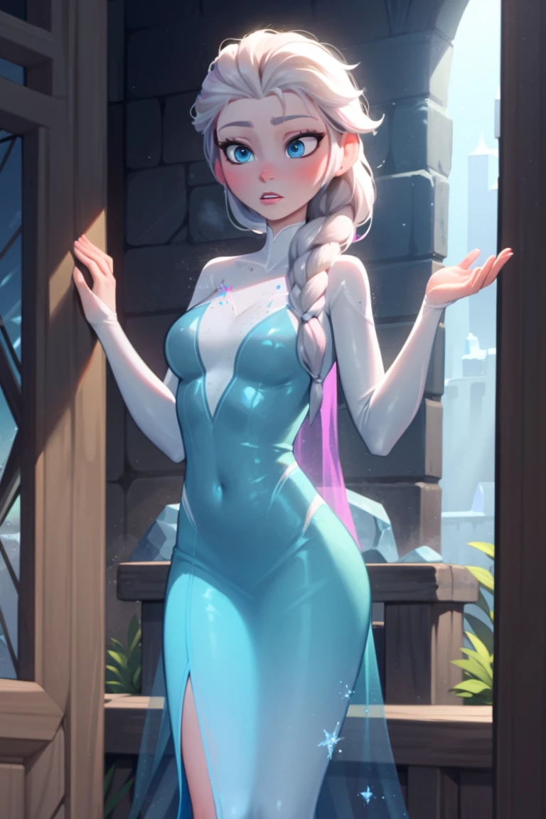 Elsa of arendelle wearing Spidergwen costume, Spidergwen costume, blue icey costume, braid, human ears, Elsa of arendelle, elsa of arendelle, blue ice dress, single braid