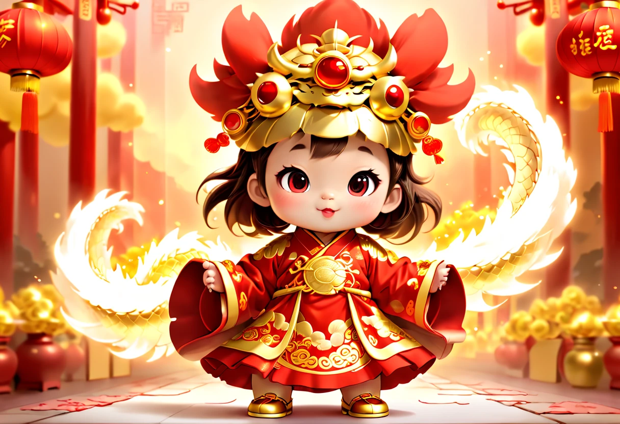 Game character design，3D character rendering，(((Vector illustration style)))，((1 girl，The image of the God of Wealth baby can be designed as a child wearing a gorgeous Chinese red costume，Gold cloud and dragon patterns can be embroidered on clothes，Shows the meaning of wealth and prosperity))，((lack of expressiveness：The God of Wealth baby has a kind and confident expression，The eyes are full of wisdom，the corners of your mouth rise slightly，It gives a sense of peace of mind))，((Let's go：Baby God of Wealth holds an ingot of gold ingot in hand，Symbolizes good luck)，((The God of Wealth’s hair can be designed into a red official hat，A ruby can be set in the hat，Demonstrate authority and dignity)), (((Stood up，Chinese Xiangyun cloth shoes: 1.8, Glowing lines or orange LED light effect))), (Full body photo: 1.5), ((Chinese element background，Auspicious cloud background)), (Perspectives, first person perspective, Ghibli-style colors, Luminism, 电影灯光, hyper HD, tmasterpiece, acurate, Anatomically correct, ctextured skin, super detailing, high detal, high qulity, Award-Awarded, Best quality at best, 16k), Pop Mart blind box, 3 Rendering，