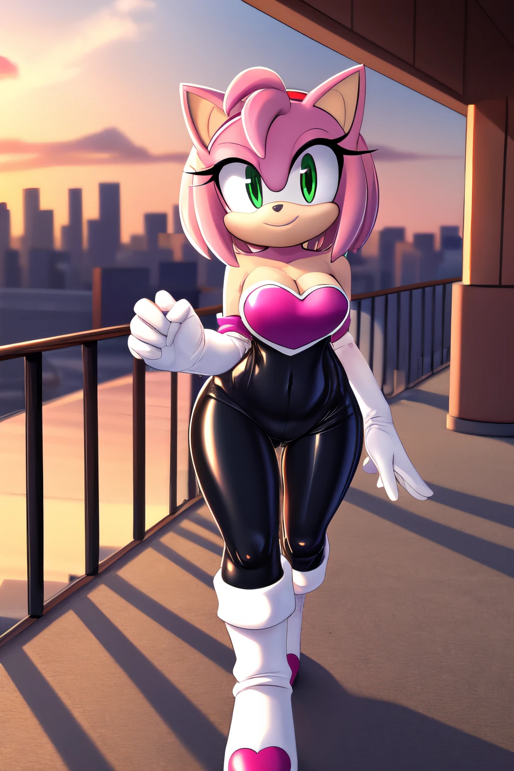 Amy Rose, (Rouge the Bat Cosplay), no wings, 1 girl, solo, smile, green eyes, red hairband, bob hair, sky, outdoors, cloud, pink hair, sunset, bare shoulders, animal nose, black rubber bodysuit, pink heart on chest, cleavage, white gloves, white knee-high boots, city background, balcony, standing, upper body, walking, arms at side.