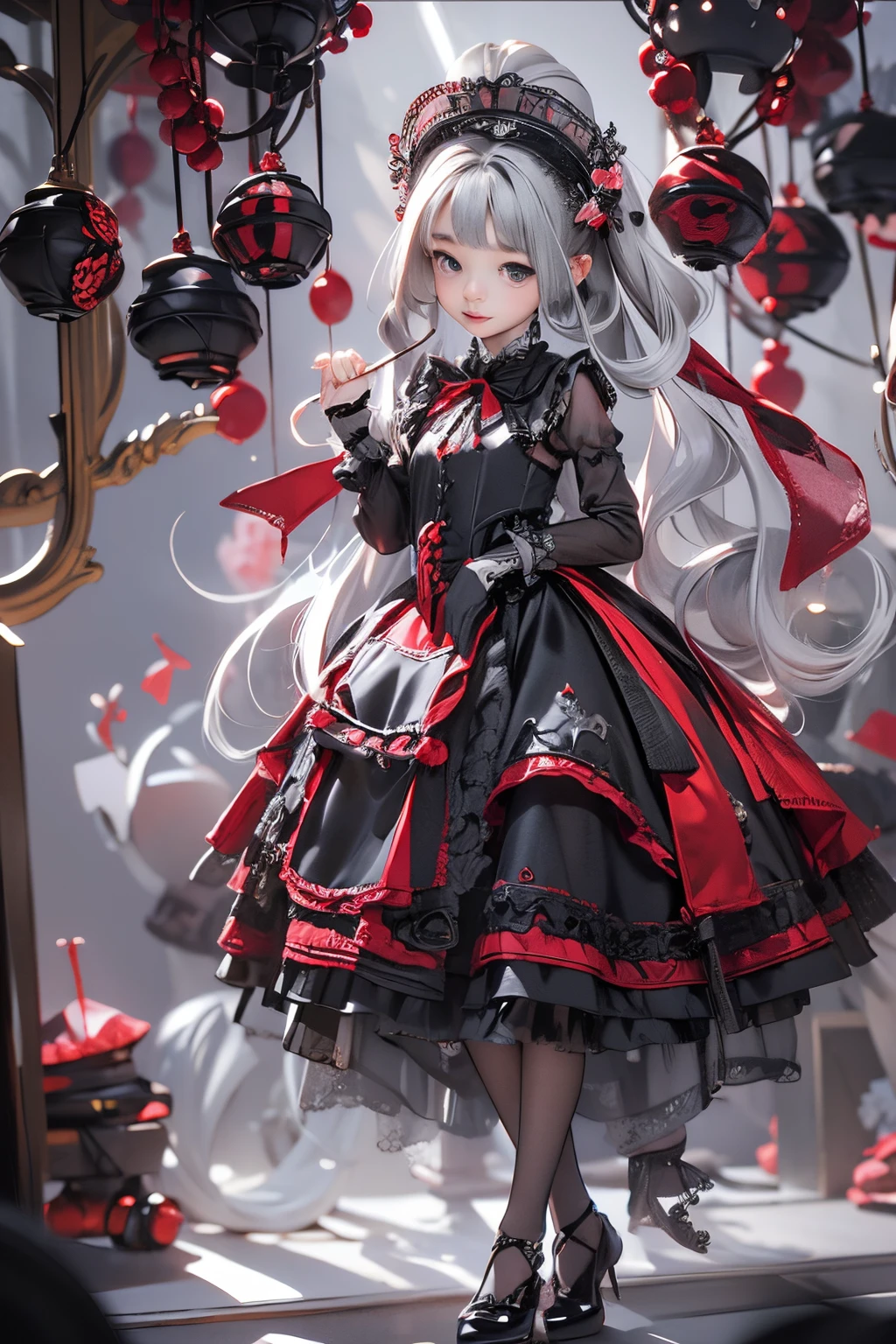 parfect anatomy、top-quality、masuter piece、ultra-detailliert、8ｋ、Correct depiction of the human body、Full Body Angle、Delicately drawn face、Pretty face woman、Gothic Lolita Fashion、Black Gothic Lolita Fashion、Black and white costume、Beautiful silky silver hair:1.5、Red big hair ornament、Red ribbon hair ornament、Red big hair ornament、Standing、Front Angle、Full Body Angle、(((blurry backround:1.5、Photography Studio、greybackground:1.5、greybackground、greybackground、greybackground、greybackground、Film Lighting、Professional Photographer)))