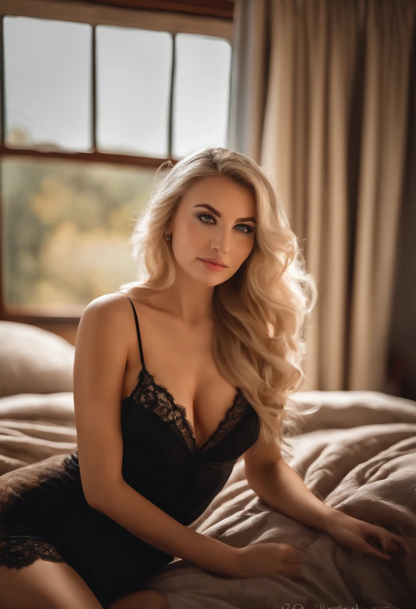 woman fully , sexy girl with blue eyes, ultra realistic, meticulously detailed, blonde hair, selfie of a young woman, bedroom , natural makeup, sexy black lingerie , looking directly at the camera, face with artgram, stunning full body shot kneeling on bed, in bedroom large size bust;