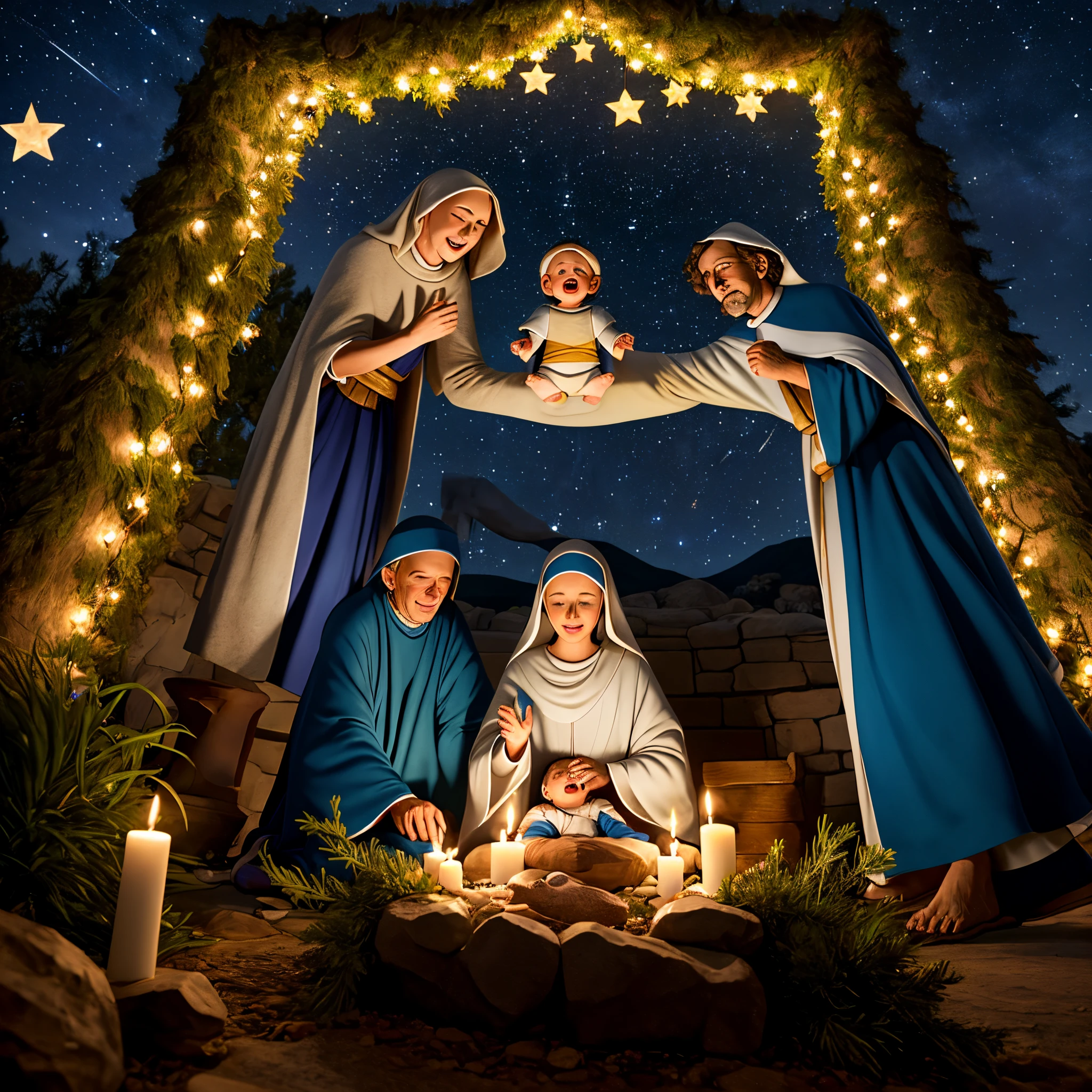 Dark starry night, disney pixar nativity scene, mother Mary, father Joseph, Jesus, stars