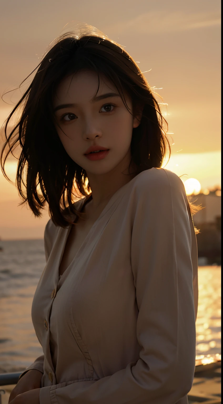 Best Quality,masutepiece,超A high resolution,Photorealistic,Raw photo,Unity 8k壁纸, the panorama, Cinematic lighting,
mare, Sunset, Dappled sunlight, Golden Hour Lighting, Backlighting, Blurry background, (Lens Flare), Wind, Pastel colors, Soft light,
1girl in,Floating Shorthair, Elegant, Upper body,