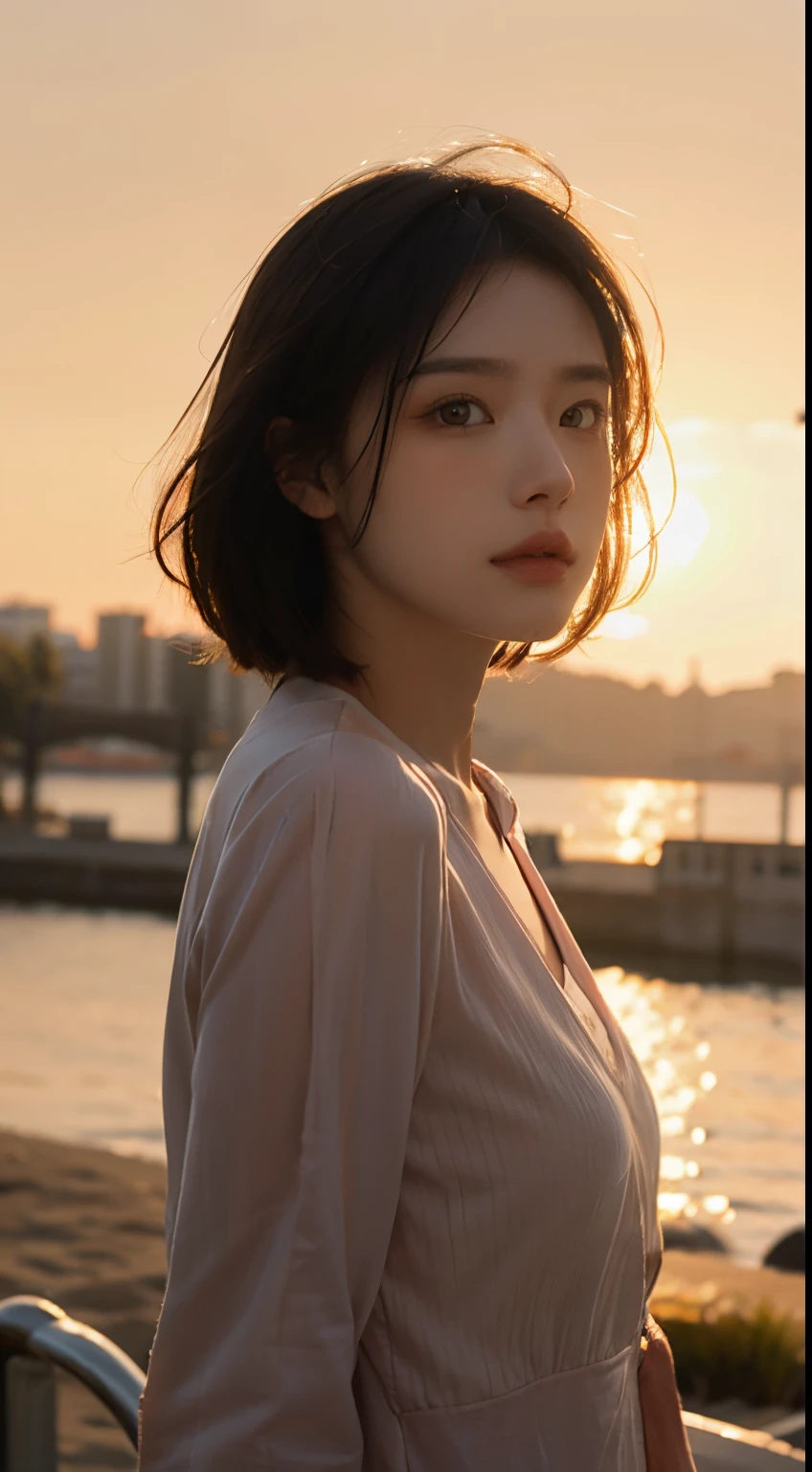 Best Quality,masutepiece,超A high resolution,Photorealistic,Raw photo,Unity 8k壁纸, the panorama, Cinematic lighting,
mare, Sunset, Dappled sunlight, Golden Hour Lighting, Backlighting, Blurry background, (Lens Flare), Wind, Pastel colors, Soft light,
1girl in,Floating Shorthair, Elegant, Upper body,