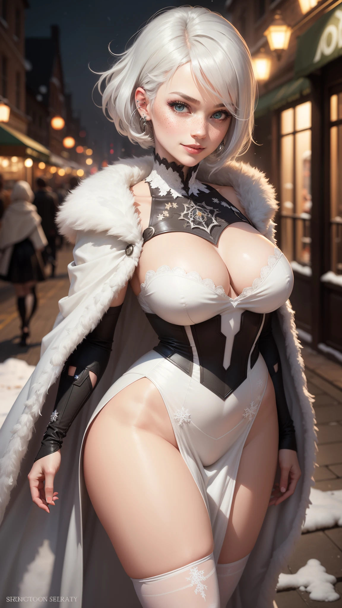 gwen tennyson,1girl,tracer,android 18,yorha 2b,rebecca chambers,nier automata,atelier ryza,close up,christmas village,tattoos,white plugsuit,white short sleeve crystal leotard,silver embroidery long white snowflake gown dress,silver embroidery crystal corset,short hair,princess makeup,green glowing eyes,multicolored silver hair,y smile,freckles,beautiful girl, large breite stockings,8k,ultra detailed,realistic,fantasy art,crystal armor,winter armor,fur cloak,snowflake princess dress,long dress train,crystal hair pin,ear piercings,christmas tree, snowflake hand and neck jewelry, walking,(weather:feathers flying),