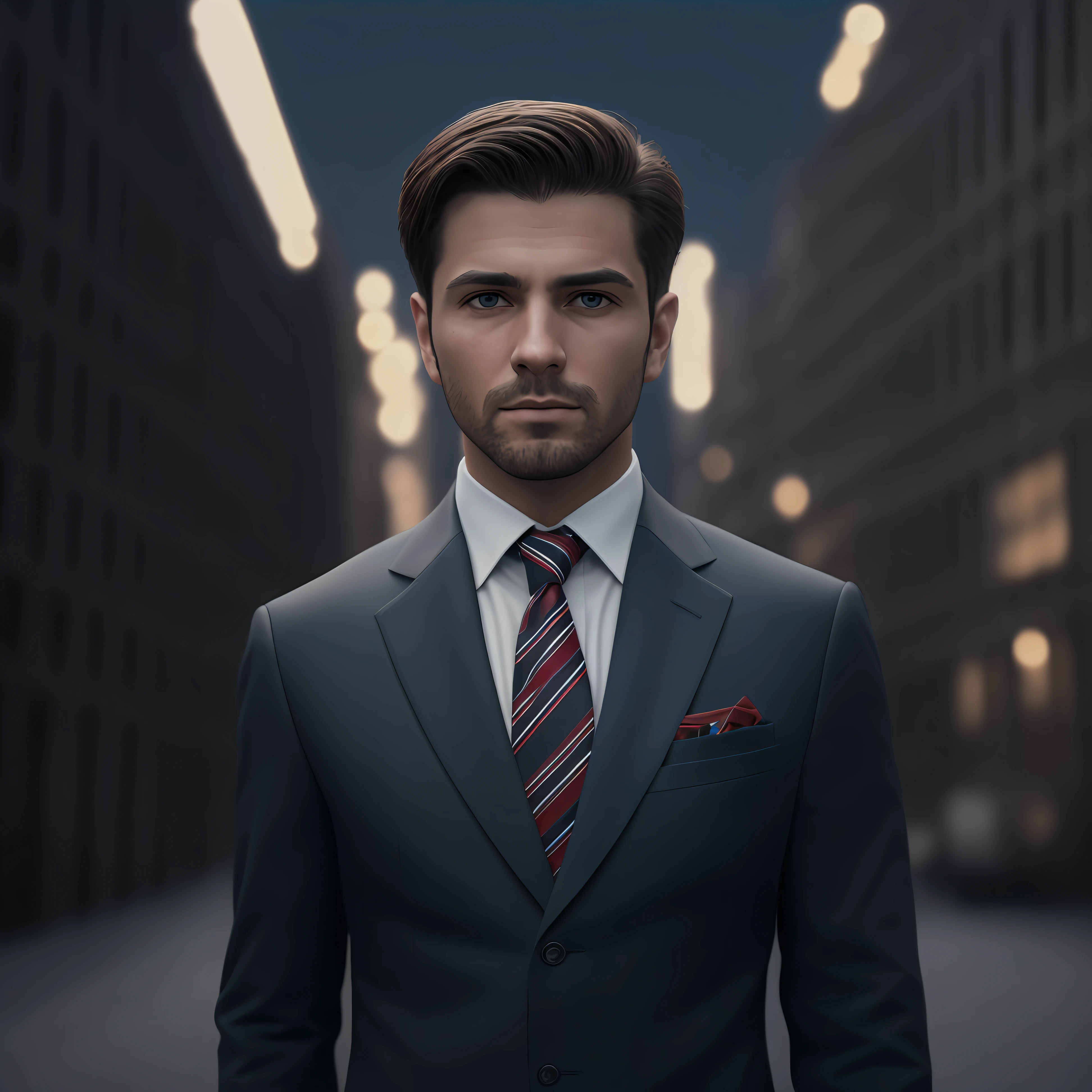 a Man standing with 30 years in suit and tie, body and head straight in the photo, DSRL, facing the viewer of the photo, eyes fixed to the lens, appears shoulders and head in the photo, man centered in the photo, 8k, best quality, masterpiece, realistic, realistic photo, movie photo, ultra realistic, 1 person, detailed, Perfect lighting, DSRL, professional photo, 4k --auto --s2