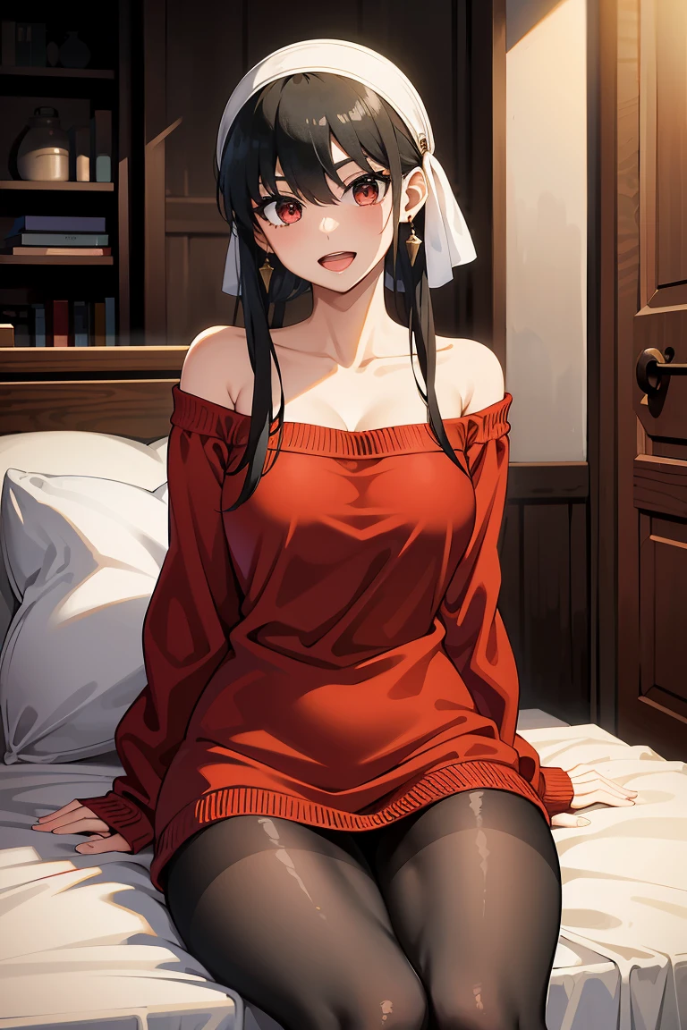 masterpiece, yor, 1girl, solo, looking at viewer, open mouth, black hair, red eyes, dress, bare shoulders, jewelry, collarbone, sidelocks, hairband, earrings, indoors, off shoulder, sweater,balck pantyhose,arms behind back, plant, short hair with long locks, white hairband, off-shoulder dress,(sweater dress),off-shoulder sweater,(red sweater), big side hair, very long side hair,smile,black pantyhose,(sitting)