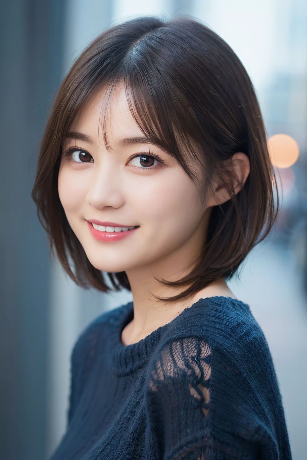 masutepiece, Best Quality, (1womanl), Ultra-detailed, finely detail, hight resolution, 8K picture quality, Perfect dynamic composition, Beautiful detailed eyes, Natural Lip, Dark blue knitted dress, extra very short hair, Abstract, bashfulness、A big smile