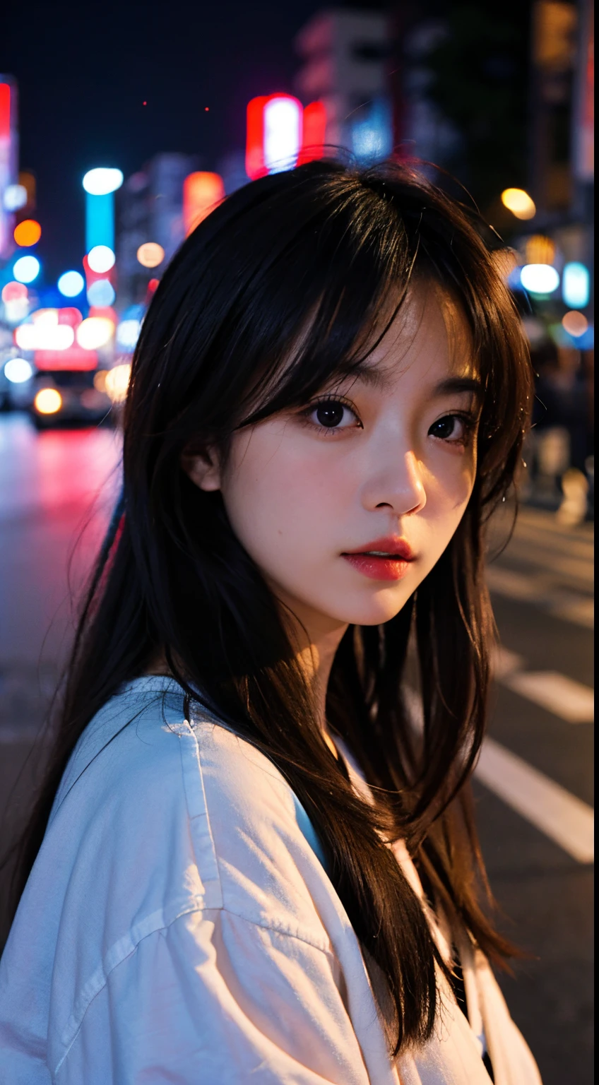 1girl, Tokyo street,night, cityscape,city lights, upper body,close-up, 8k, RAW photo, best quality, masterpiece,realistic, photo-realistic,