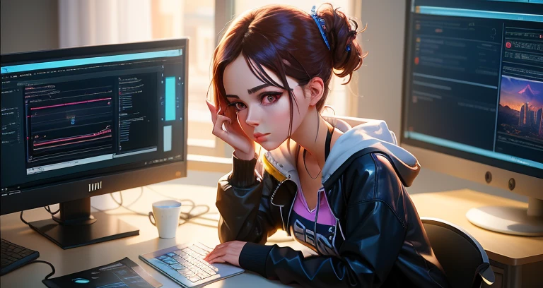 There's a woman sitting at a desk with two computer monitors, Cyber Escola Menina, Trend in CGTacing:, Digital anime illustration, bela arte digital, Arte no estilo de Guweiz, Ross Tran 8 K, Estilo anime 3D realista, Artgerm e Atey Ghailan, arte de anime digital, Arte digital Ilya Kuvshinov, estilo de arte realista
