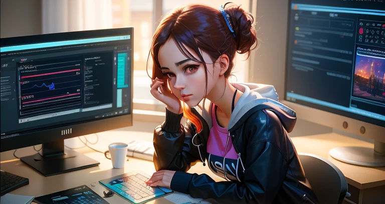 There's a woman sitting at a desk with two computer monitors, Cyber Escola , Trend in CGTacing:, Digital anime illustration, bela arte digital, Arte no estilo de Guweiz, Ross Tran 8 K, Estilo anime 3D realista, Artgerm e Atey Ghailan, arte de anime digital, Arte digital Ilya Kuvshinov, estilo de arte realista