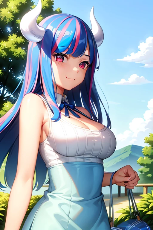 masterpiece, ((ultra detailed background, delicate pattern, intricate detail)), (highly detailed, fine details), best quality,beautiful lighting, (((medium breasts, slim girl, very slim girl))), (close-up, portrait),  ulti, long hair, 1girl, horns, blue hair, solo, oni, white horns, curled horns, hair ornament, (multicolored horns), jewelry, earrings,white shirt, blue skirt, pink mask  , hair stick, sleeveless, bare shoulders, aqua hair, sidelocks, hoop earrings, hakama, smile, wide smile, (( eyes)), complex detailed background, outside, nature environment, rocks, sunny, blue sky, sky,