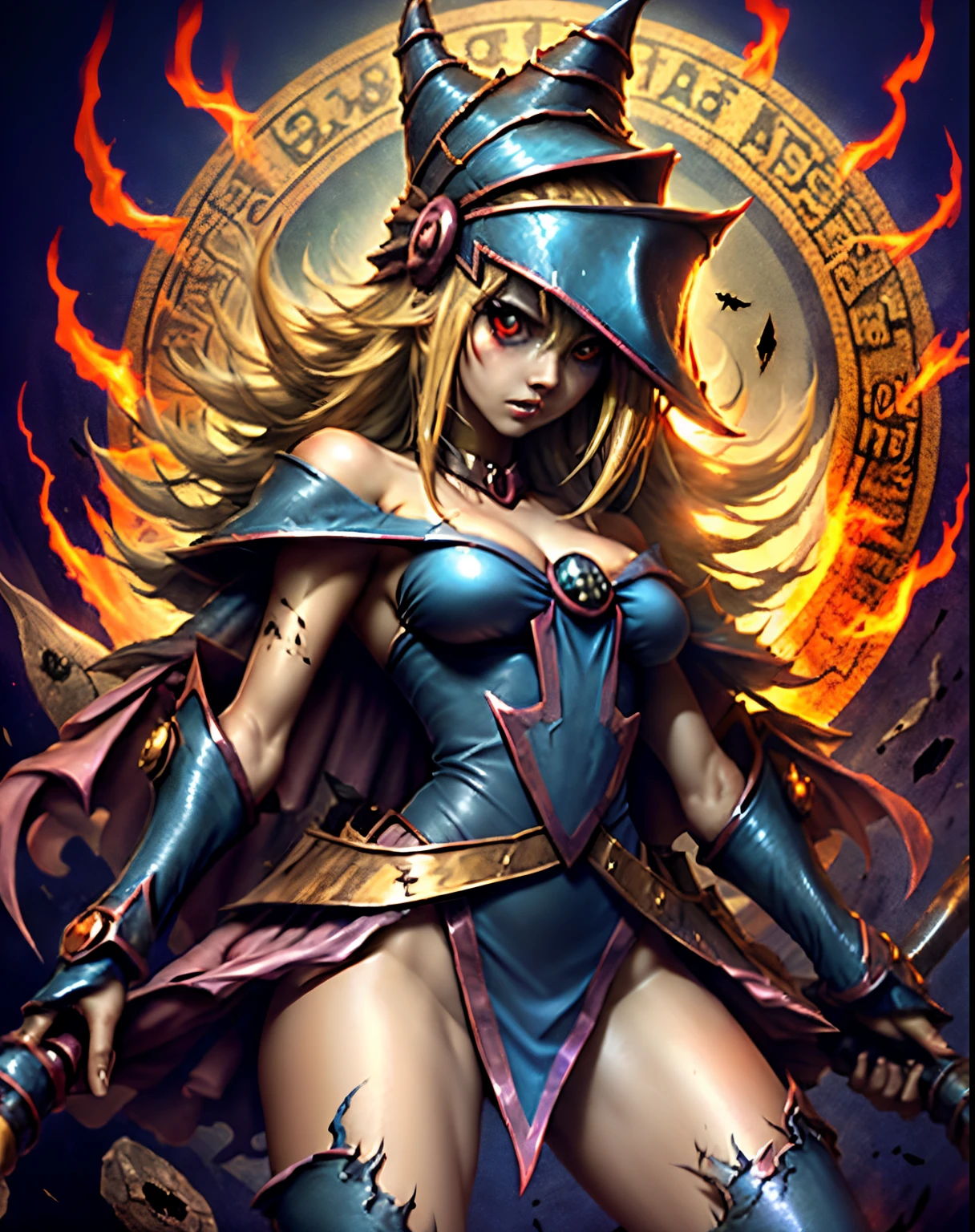 Dark magician girl as a scary legendary demon in the burning hell realm with an army of demons