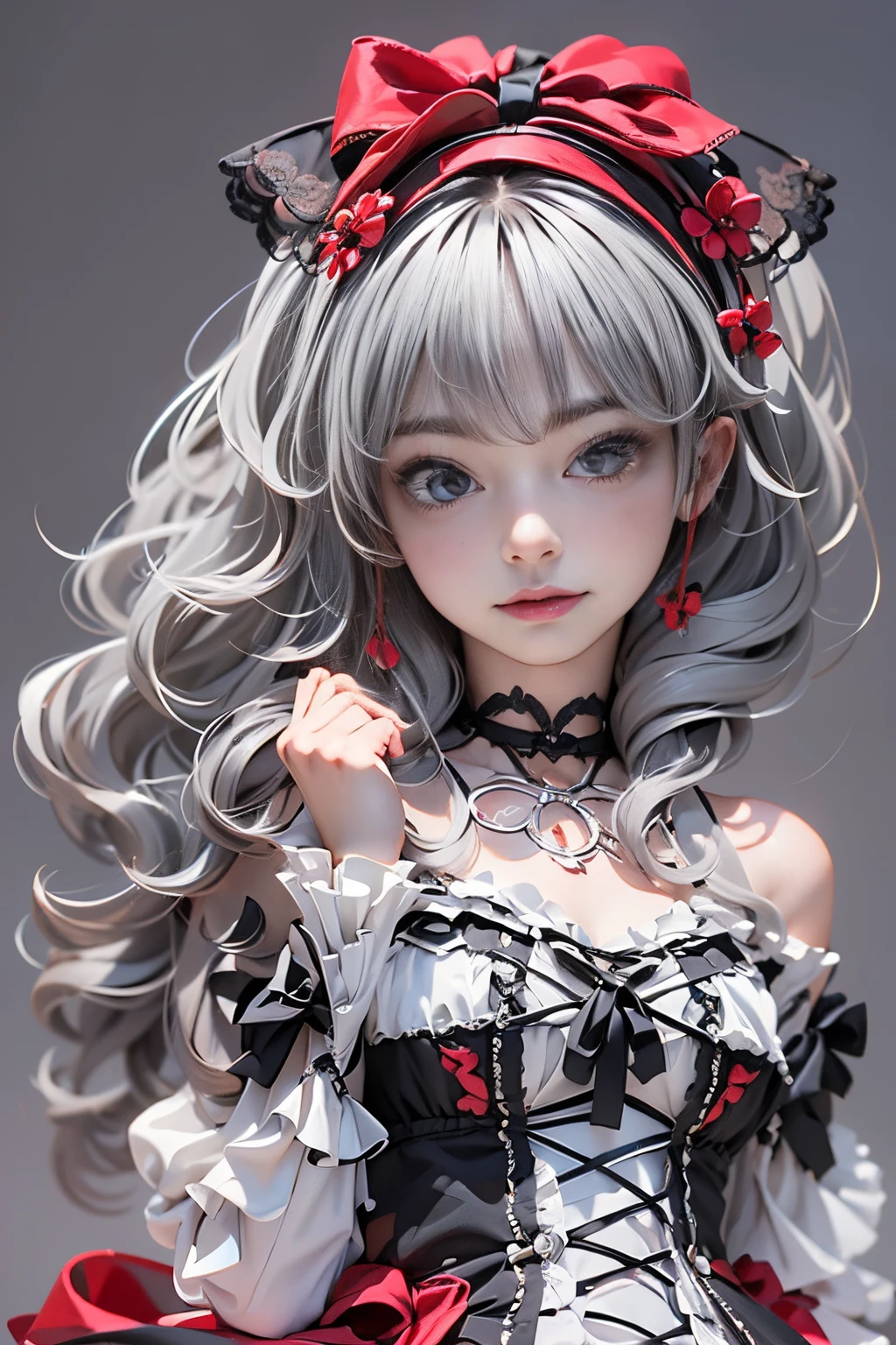 parfect anatomy、top-quality、masuter piece、ultra-detailliert、8k、Correct depiction of the human body、Full Body Angle、Delicately drawn face、Pretty face woman、Gothic ta Fashion、Black Gothic Loliashion、Black and white costume、Beautiful silky silver hair:1.5、Red big hair ornament、Red ribbon hair ornament、Red big hair ornament、Standing、Front Angle、Full Body Angle、(((blurry backround:1.5、Photography Studio、greybackground:1.5、greybackground、greybackground、greybackground、greybackground、Film Lighting、Professional Photographer)))