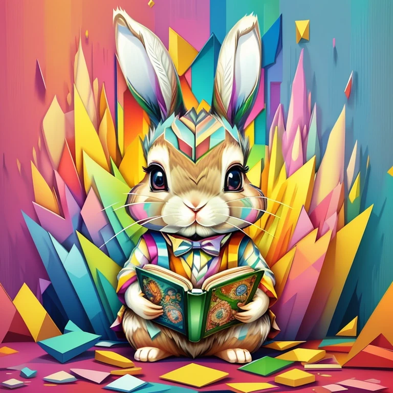 (cute rabbit reading a book),(melhor pose),(best angle), (better expression), Eduardo Kobra acolchoamento ,multidimensional geometric wall PORTRAIT, arte, Chibi,
Yang08k, lindo, Colouring,
Primary works, qualidade superior, melhor qualidade, Arte Oficial, Beautiful and Aesthetic, pelos coloridos,