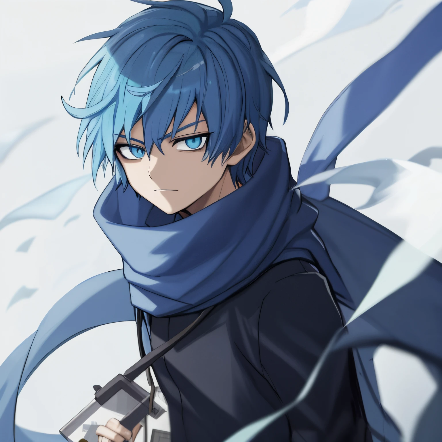 Anime boy with blue hair and scarf standing in front of a tree, Arte Zerochan, 2 d estilo anime, cara de anime alto com olhos azuis, jovem homem de anime, menino anime, estilo anime 4K, Arte digital no Pixiv, zerochan, Anime Art Wallpaper 8K, Epic anime style, badass anime 8 k, arte anime de alta qualidade