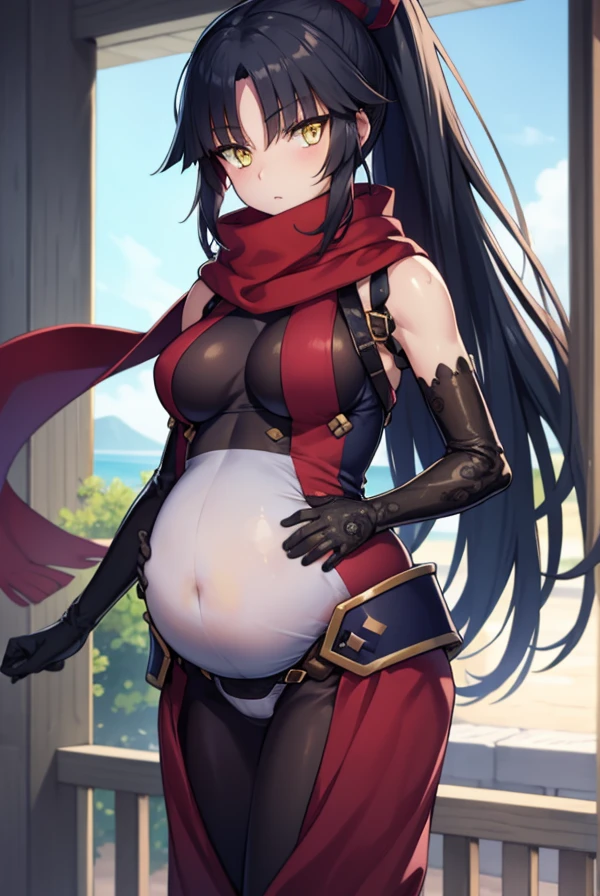 danzoukatou, danzou katou, android, black hair, long hair, ponytail, (yellow eyes:1.5),
BREAK bodysuit, covered navel, elbow gloves, gloves, scarf,
BREAK looking at viewer,
BREAK outdoors,
BREAK (masterpiece:1.2), best quality, high resolution, unity 8k wallpaper, (illustration:0.8), (beautiful detailed eyes:1.6), extremely detailed face, perfect lighting, extremely detailed CG, (perfect hands, perfect anatomy),  large belly, vore, (vore:1.3), (barriga perfecta), (big belly:1.5), (pregnant:1.3), (vore belly), (vore belly:1.3), sonrojo,