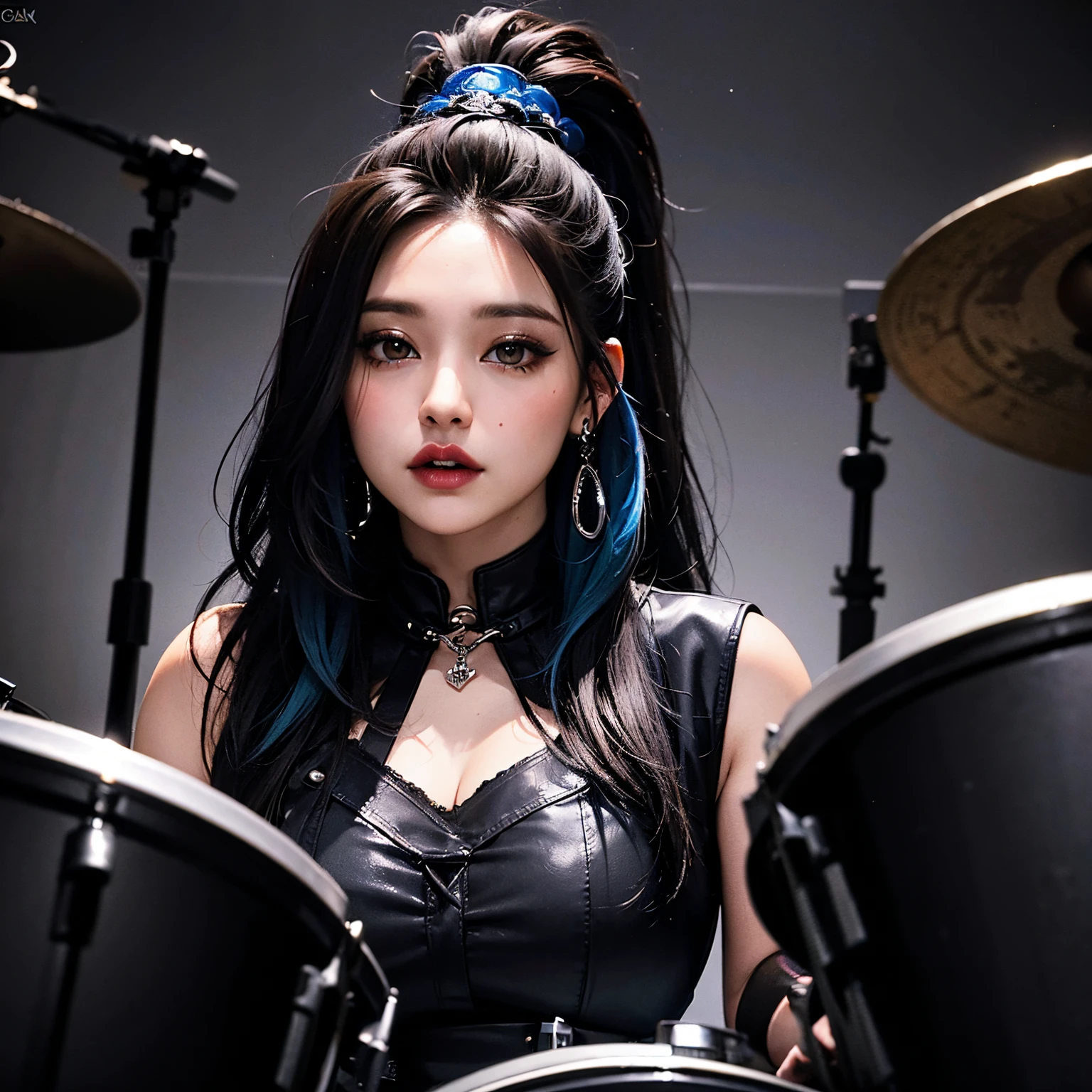 Chica pelinegra muy hermosa, cuerpo con curvas y ojos azules, labios grandes, girl with perfect features playing the drums, dressed in gothic clothing (color negro) playing drums at a concert.