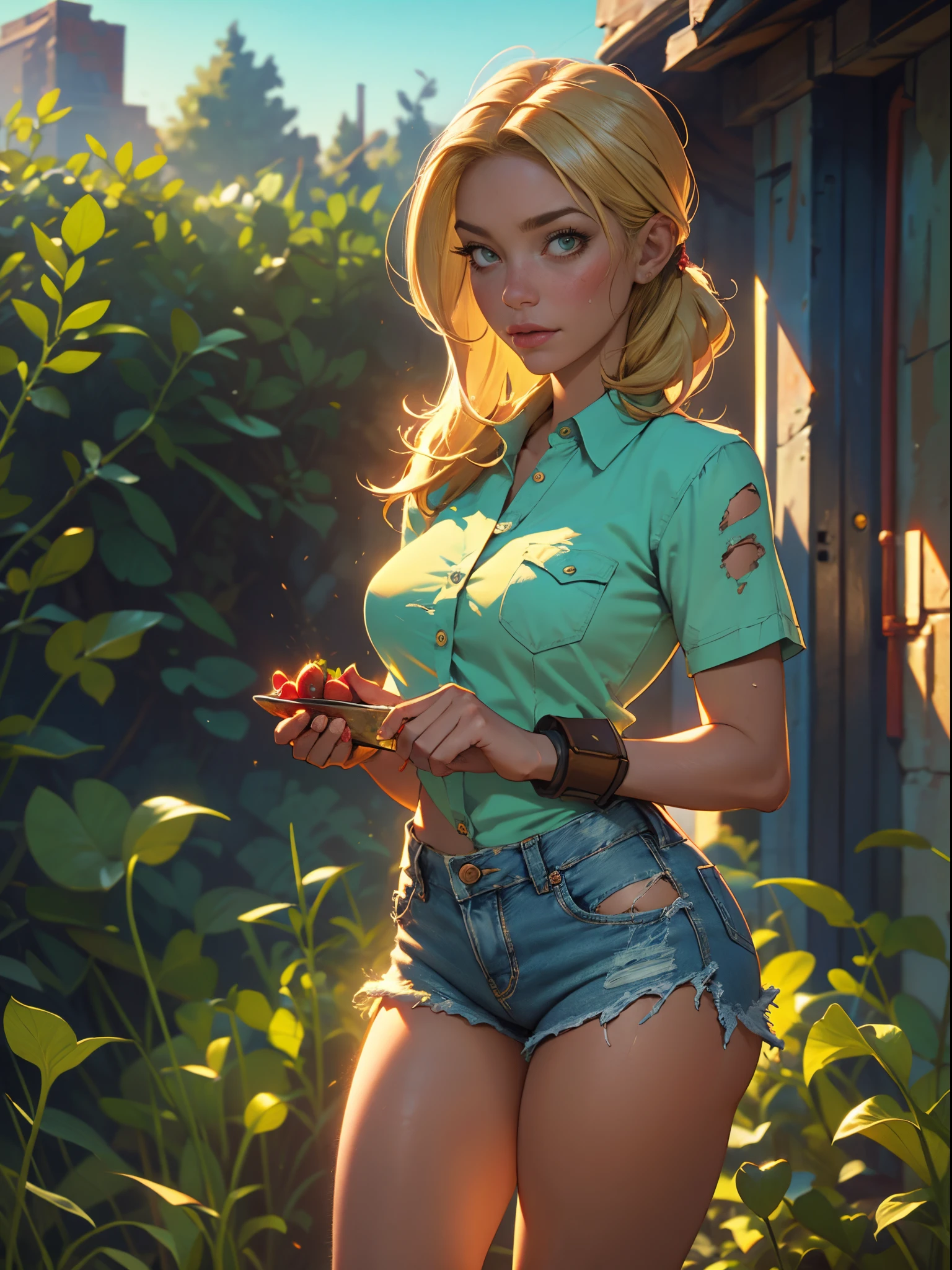 2076 year. The Urban Ruins of the Wasteland, Female huntress picking fruit in the garden, beautiful face, blonde, badly torn shirt and denim shorts ,  long legs, sweating through, sun rising, Nice warm colors, head to toe, full body shot, pretty hands, perfect fingers,