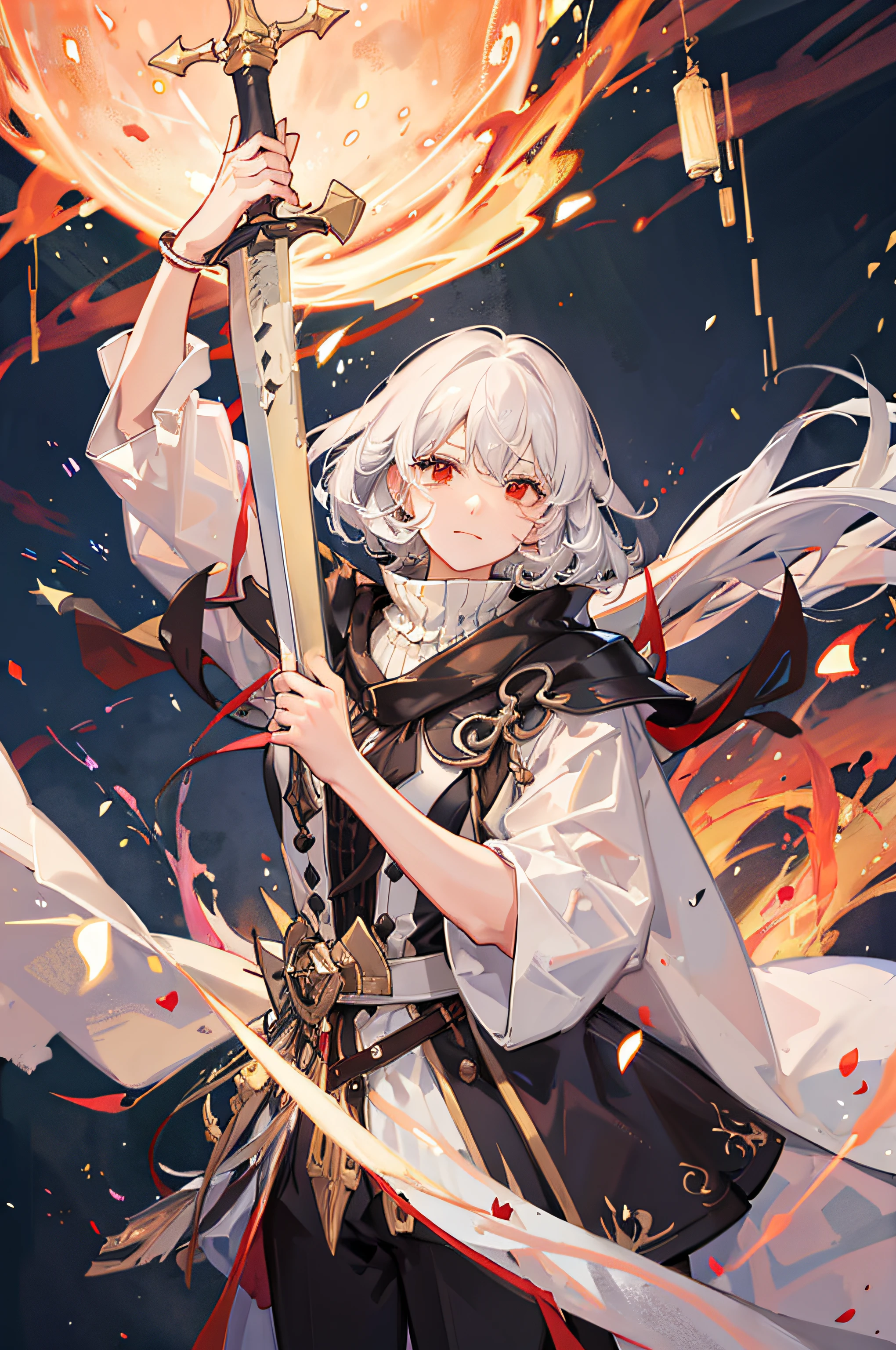 (absurderes, hight resolution, ultra-detailliert), masutepiece, Best Quality, a man in white outfit, wielding sword, sword surrounded by fire, Solo, Handsome, finely eye, Detailed face, Short hair, White hair, brilliant red eyes, Ruined city, Dark background, From below, Look down, Cowboy Shot, swirls, vortex, Spark