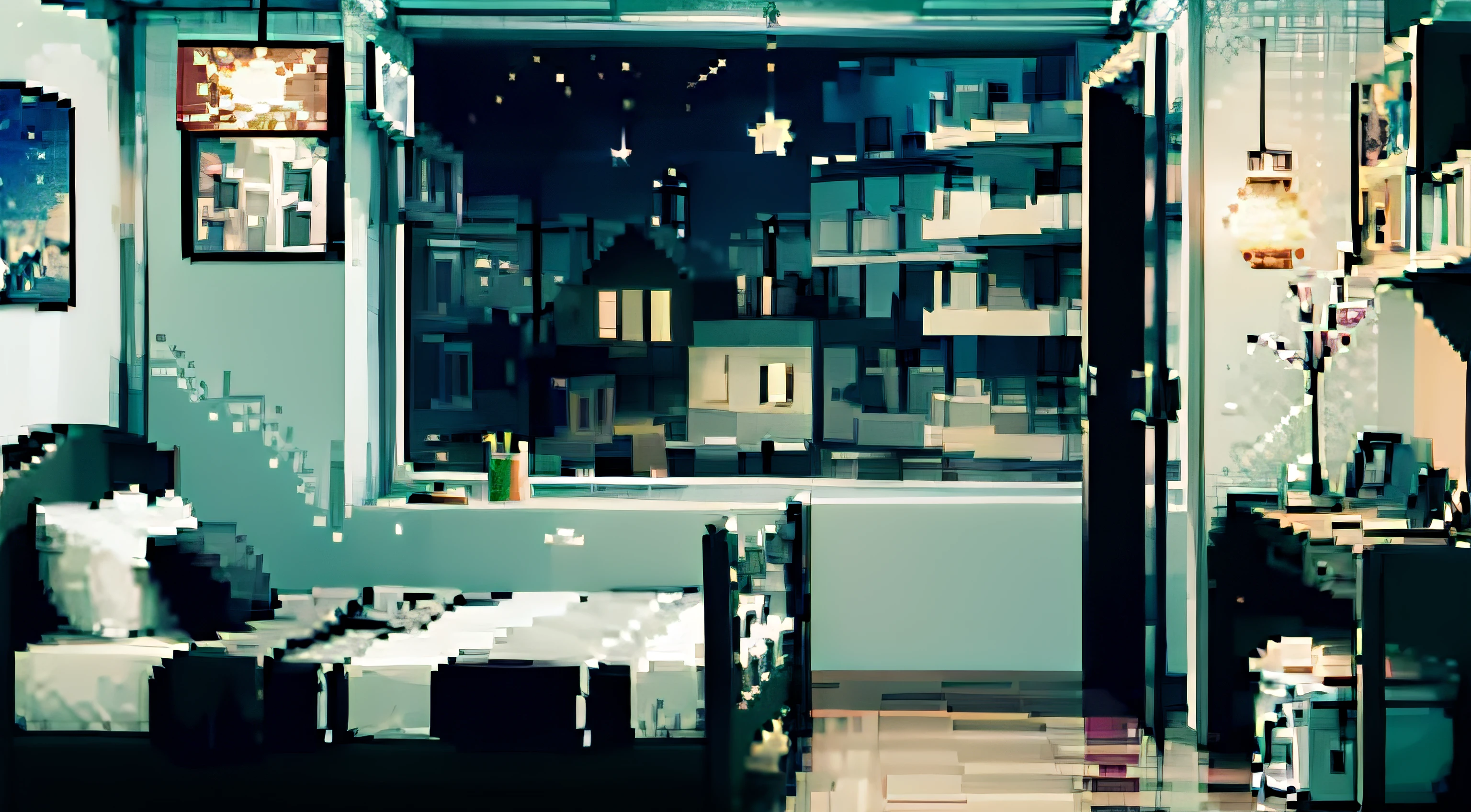 PixelArt, a teenager room with lots of decoration, pictures and books, open window for a night view in a starry sky, no character in the room, visible door