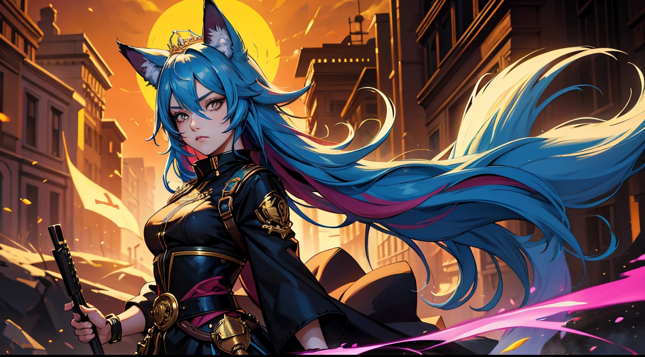 colored inner hair, multicolored hair, tiara, blank eyes, fox ears, Action painting, Cinematic lighting, High details, best quality, 16k, Hard disk