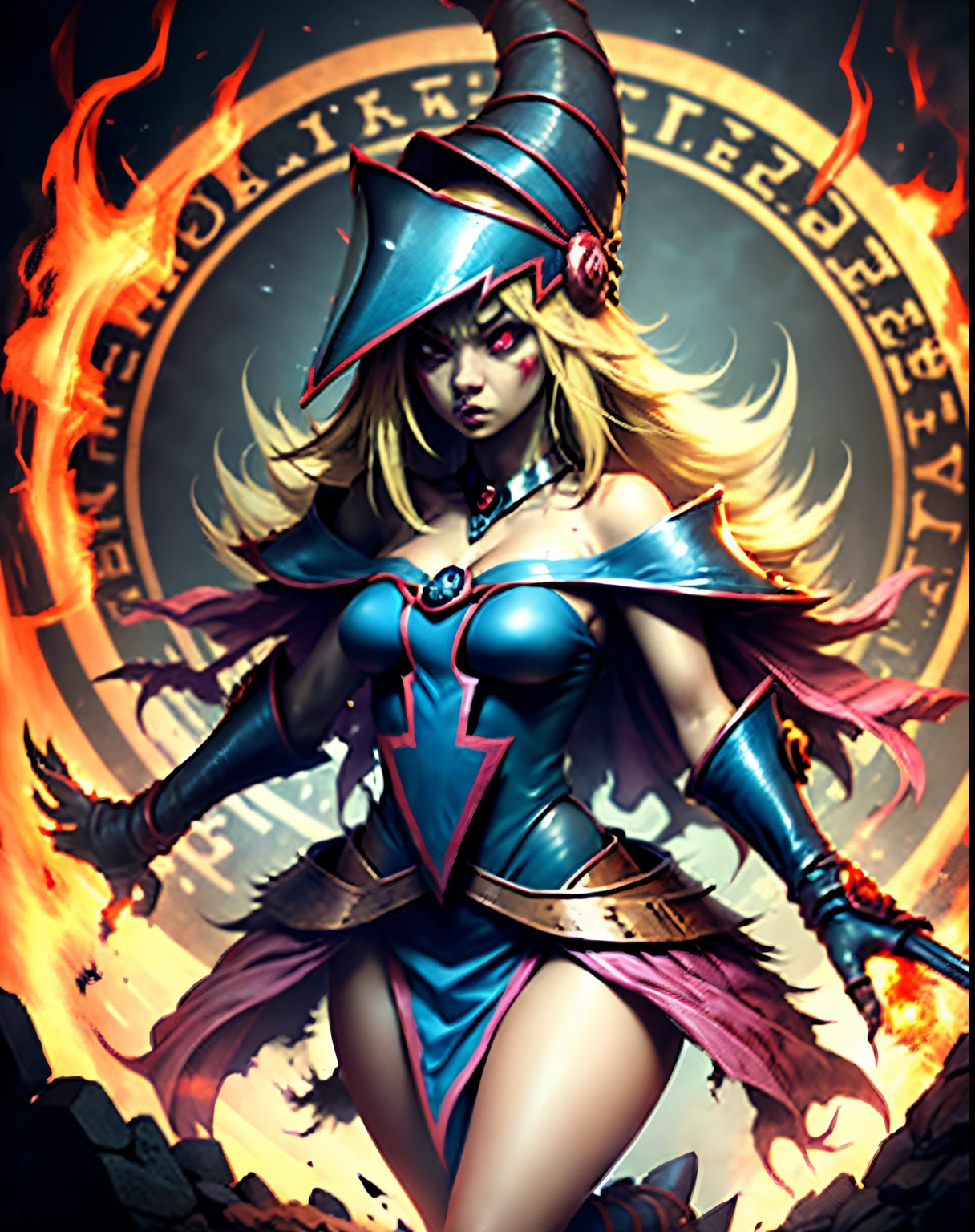 Dark magician girl as a scary legendary demon in the burning hell realm with an army of demons