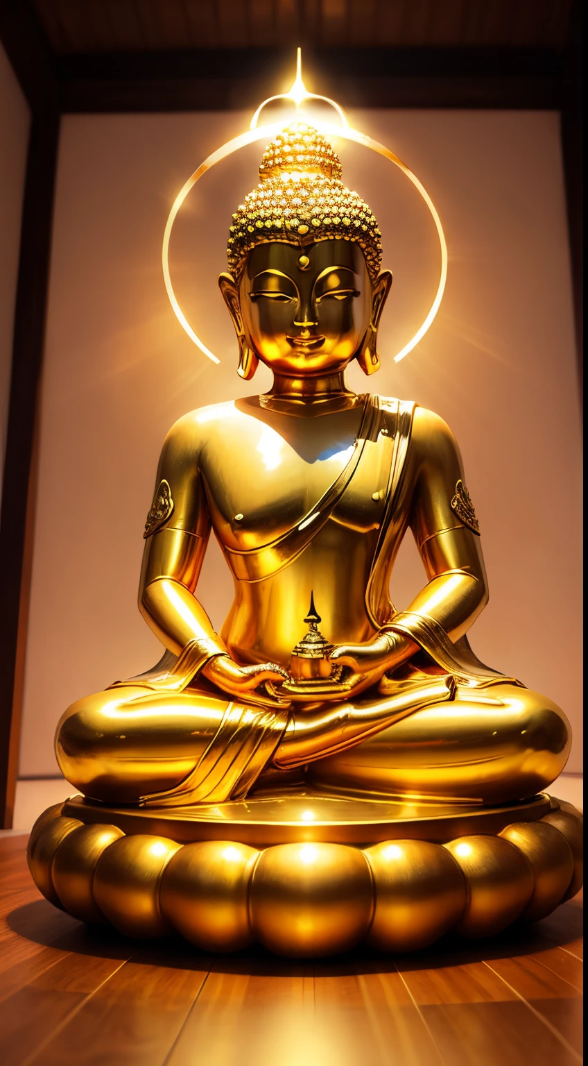 Golden Buddha statue with a glowing halo, buddhism, the buddha, budista, Buddha, samsara, Enlightenment, beautiful gold saint, Spiritual enlightenment, Pushkaraka, Enlightenment, buddhist art, Shining golden aura, Enlightenment. Convoluted, on path to enlightenment, on path to enlightenment, radiating golden light