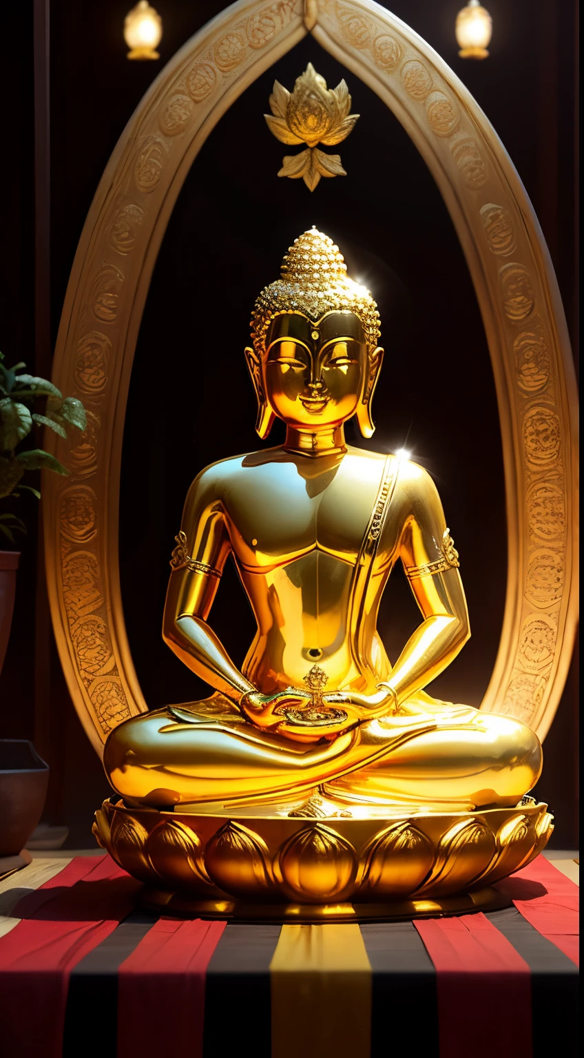 Golden Buddha statue with a glowing halo, buddhism, the buddha, budista, Buddha, samsara, Enlightenment, beautiful gold saint, Spiritual enlightenment, Pushkaraka, Enlightenment, buddhist art, Shining golden aura, Enlightenment. Convoluted, on path to enlightenment, on path to enlightenment, radiating golden light