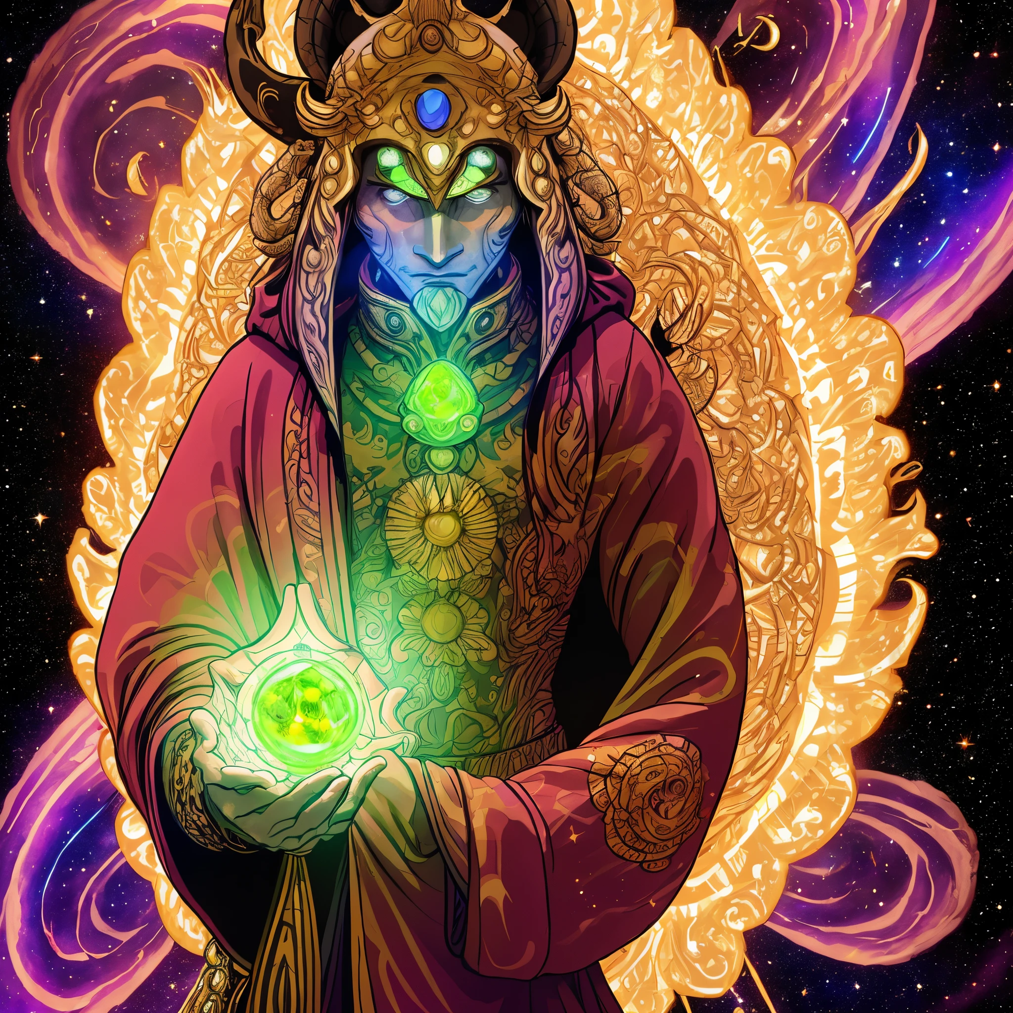 Generate an image of the Cosmic Nomad. The Cosmic Nomad is a figure draped in a flowing cloak adorned with celestial patterns and symbols. His attire, a cosmic tapestry, tells the story of his interstellar journeys. His face, weathered by the vastness of space, bears an expression that balances weariness with the spark of cosmic wisdom. His eyes, reflective of the galaxies he has witnessed, gleam with an insatiable curiosity and determination. In his hand, he holds Peridot, a mysterious artifact emitting an ethereal glow, symbolizing the cosmic knowledge he carries. The nomad stands against the backdrop of a cosmic expanse, a silhouette against the swirling wonders of the universe.