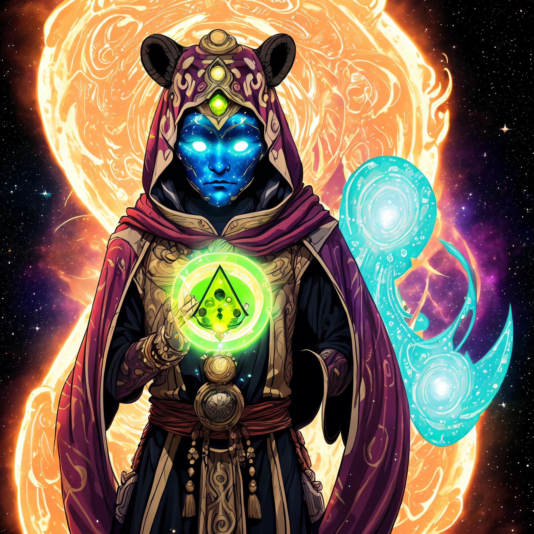 Generate an image of the Cosmic Nomad. The Cosmic Nomad is a figure draped in a flowing cloak adorned with celestial patterns and symbols. His attire, a cosmic tapestry, tells the story of his interstellar journeys. His face, weathered by the vastness of space, bears an expression that balances weariness with the spark of cosmic wisdom. His eyes, reflective of the galaxies he has witnessed, gleam with an insatiable curiosity and determination. In his hand, he holds Peridot, a mysterious artifact emitting an ethereal glow, symbolizing the cosmic knowledge he carries. The nomad stands against the backdrop of a cosmic expanse, a silhouette against the swirling wonders of the universe.