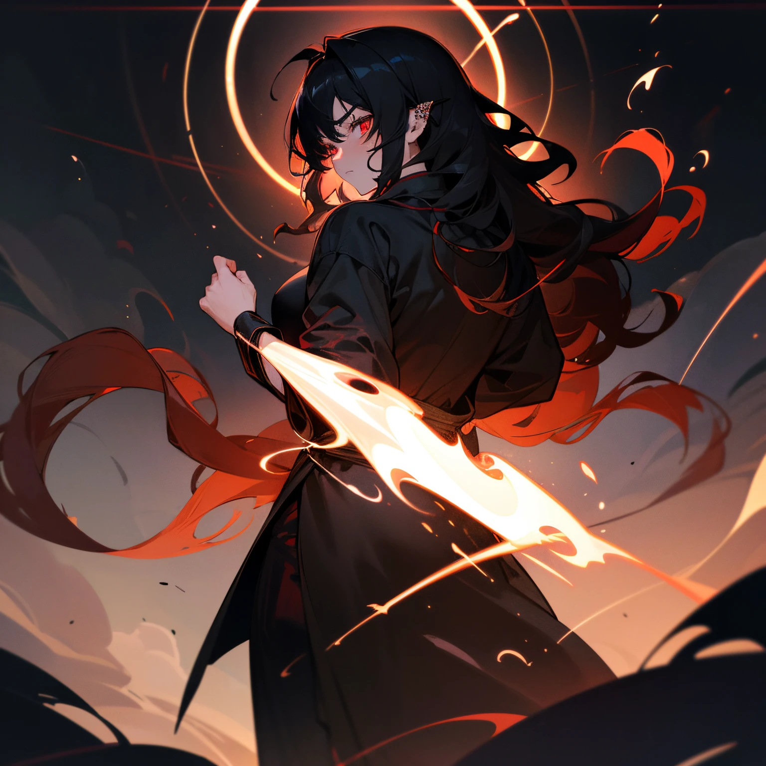 (best quality,highres,ultra-detailed), dark atmosphere, Black Messy Wavy Hair, intense and piercing red eyes, strong and somewhat muscular build, wearing Black martial arts clothing, back knot in hair, standing in front of a mesmerizing glowing gate, mystic aura, wisps of smoke floating around, dramatic lighting, showcasing power and determination.