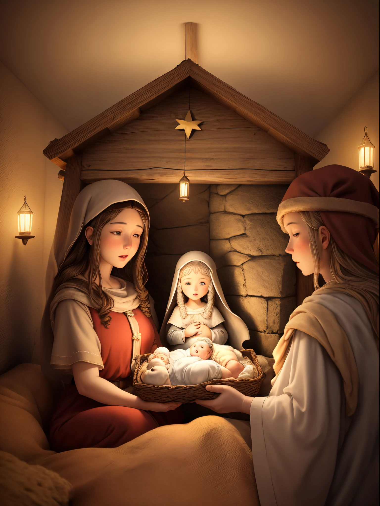 Details of a handmade nativity scene:

Highlights the visual representation of the birth of Jesus.