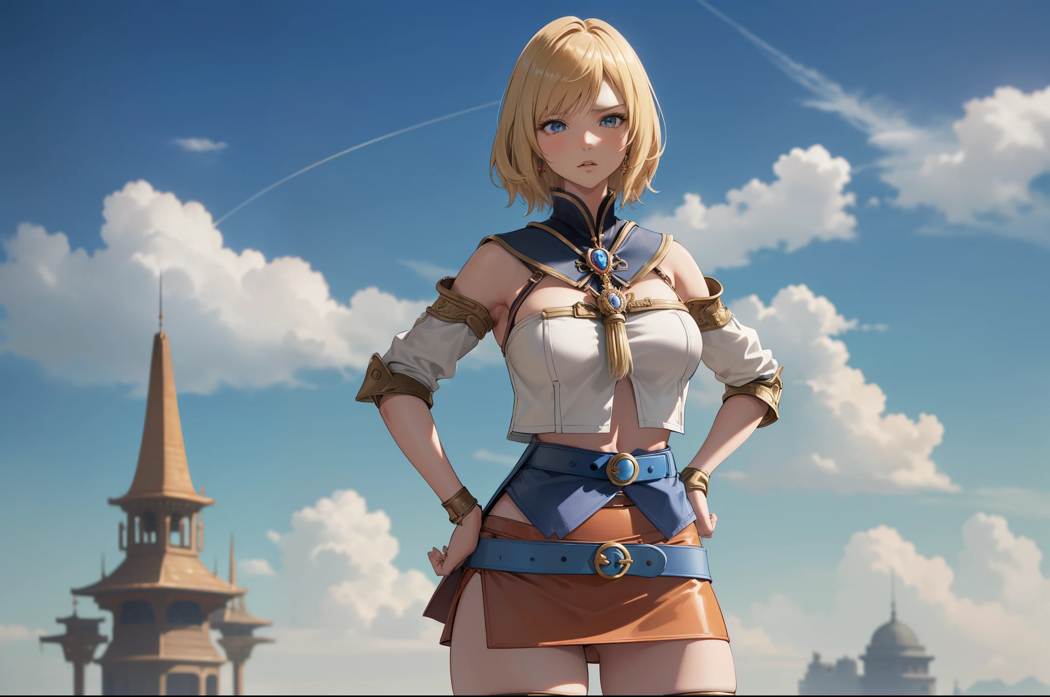 cowboy shot,(the golden ratio,masutepiece, of the highest quality, Best Quality, Official art, Beautiful and aesthetic:1.2), ighly detailed, Colorful,highest details,Illustrations, fantastical scenes, (Adults,19,1girl in, Solo, Final Fantasy 12,Ashelia, shorth hair, short-hair,Ashelia Costume, Colossal tits, a miniskirt,knee sox, thighs thighs thighs thighs, jewely, Blue belt,Number on one of the belts),Line of action, scornful look , Hands on hips