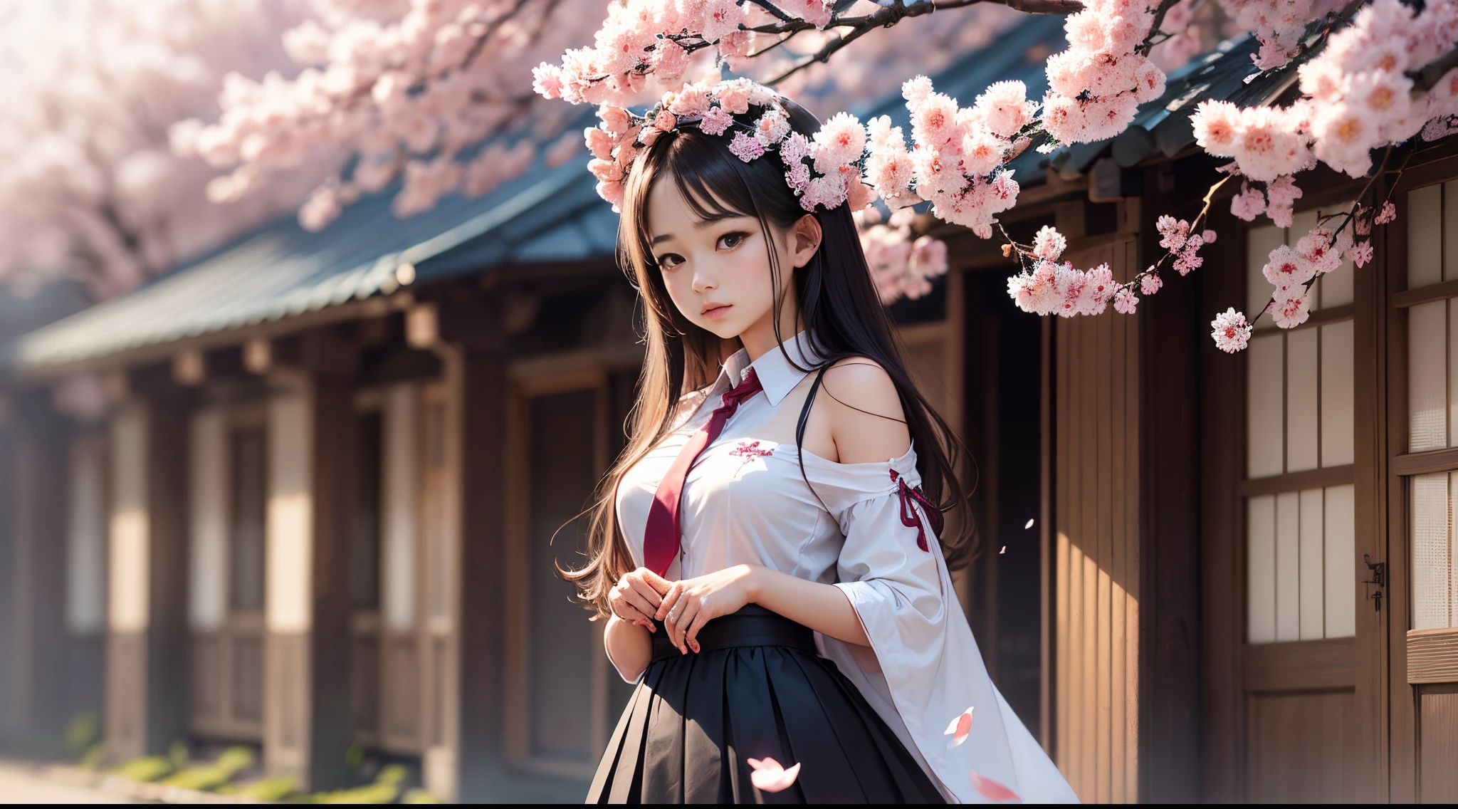 Imagine uma jovem japonesa de 18 anos, delicately dressed in an impeccable &#39;seifuku&#39; school uniform. She is posing gracefully in a cherry blossom garden in the autumn season, ventos forte levantando sua saia e mostrando parte de sua lingerie meio transparente. The soft afternoon sun permeates the scene, creating a play of light and shadow on the cherry blossom petals that begin to fall, dancing in the air like pink confetti.  The girl is standing, with an elegant posture and a serene, confident expression on his face. Seus cabelos negros caem em suaves ondas sobre os ombros, highlighting its natural beauty and harmonizing with the whiteness of the school uniform. She lightly holds the hem of her skirt with one hand., enquanto o vento que derruba as folhas de cerejeira levantam sua saia mostrando sua bunda e uma parte da sua calcinha.  O uniforme escolar, composto por uma saia plissada e uma blusa branca, is adorned with typical details, like a tie or delicate bow. The surrounding environment is full of majestic cherry trees, com galhos repletos de folhas douradas e ramos com flores cor de rosa suave. Some of the delicate flakes of fallen petals begin to rest on her shoulders and hair., adding an ephemeral touch to the scene.  The young woman maintains an air of innocence and grace, absorvendo a beleza tranquila do jardim. The photographer captures not only your physical beauty, but also the purity and tranquility that emanate from his posture, emphasizing the connection with nature and the ephemerality of the season. The moment is a tribute to youth, to beauty and serenity, highlighting the harmony between the girl and the magical landscape of cherry blossoms in autumn. --auto --s2
