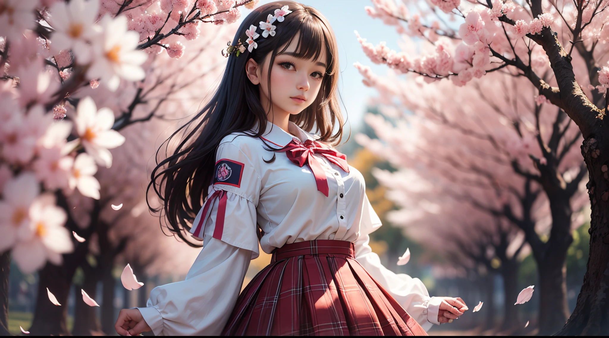 Imagine uma jovem japonesa de 18 anos, delicately dressed in an impeccable &#39;seifuku&#39; school uniform. She is posing gracefully in a cherry blossom garden in the autumn season, ventos forte levantando sua saia e mostrando parte de sua lingerie meio transparente. The soft afternoon sun permeates the scene, creating a play of light and shadow on the cherry blossom petals that begin to fall, dancing in the air like pink confetti.  The girl is standing, with an elegant posture and a serene, confident expression on his face. Seus cabelos negros caem em suaves ondas sobre os ombros, highlighting its natural beauty and harmonizing with the whiteness of the school uniform. She lightly holds the hem of her skirt with one hand., enquanto o vento que derruba as folhas de cerejeira levantam sua saia mostrando sua bunda e uma parte da sua calcinha.  O uniforme escolar, composto por uma saia plissada e uma blusa branca, is adorned with typical details, like a tie or delicate bow. The surrounding environment is full of majestic cherry trees, com galhos repletos de folhas douradas e ramos com flores cor de rosa suave. Some of the delicate flakes of fallen petals begin to rest on her shoulders and hair., adding an ephemeral touch to the scene.  The young woman maintains an air of innocence and grace, absorvendo a beleza tranquila do jardim. The photographer captures not only your physical beauty, but also the purity and tranquility that emanate from his posture, emphasizing the connection with nature and the ephemerality of the season. The moment is a tribute to youth, to beauty and serenity, highlighting the harmony between the girl and the magical landscape of cherry blossoms in autumn. --auto --s2